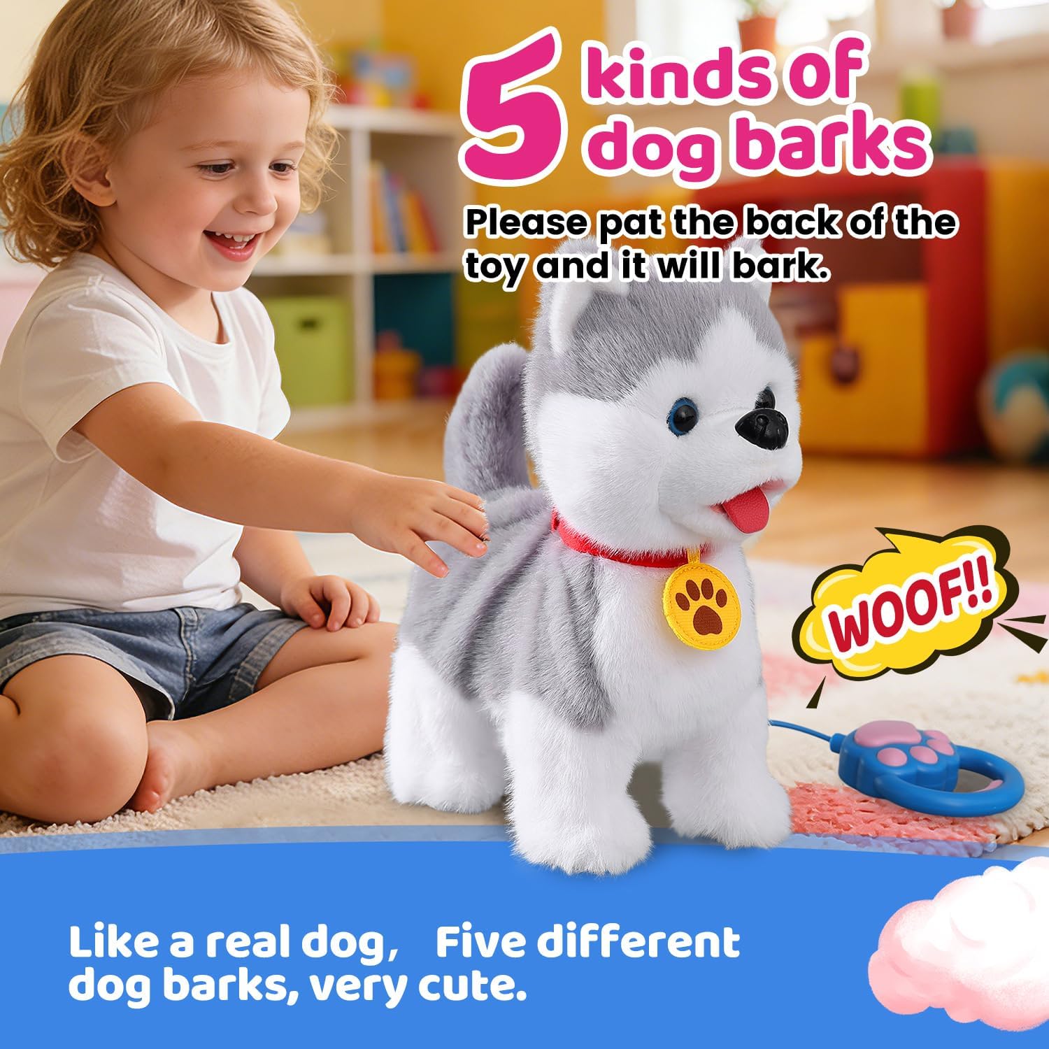 HCdoujoy Walking Barking Singing Husky Puppy Toy, Repeats What You Say, Realistic Licking Tongue Wagging Tail Mechanical Dog with Touch or Voice Control, Interactive Music Dancing Plush Pet for Kids