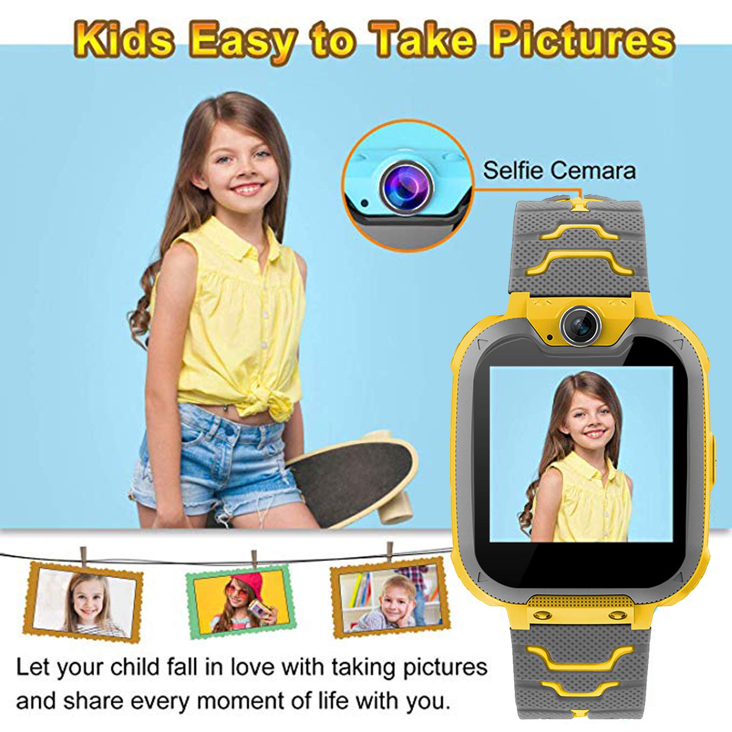 PTHTECHUS® Smartwatch für Kinder- Uhr Telefon für Mädchen Jungen mit Anruffunktion SOS Musik Playe Spiel Kamera Taschenlampen Wecker-Kids Smart Watch Student Telefonieren Geburtstag Geschenk Gelb