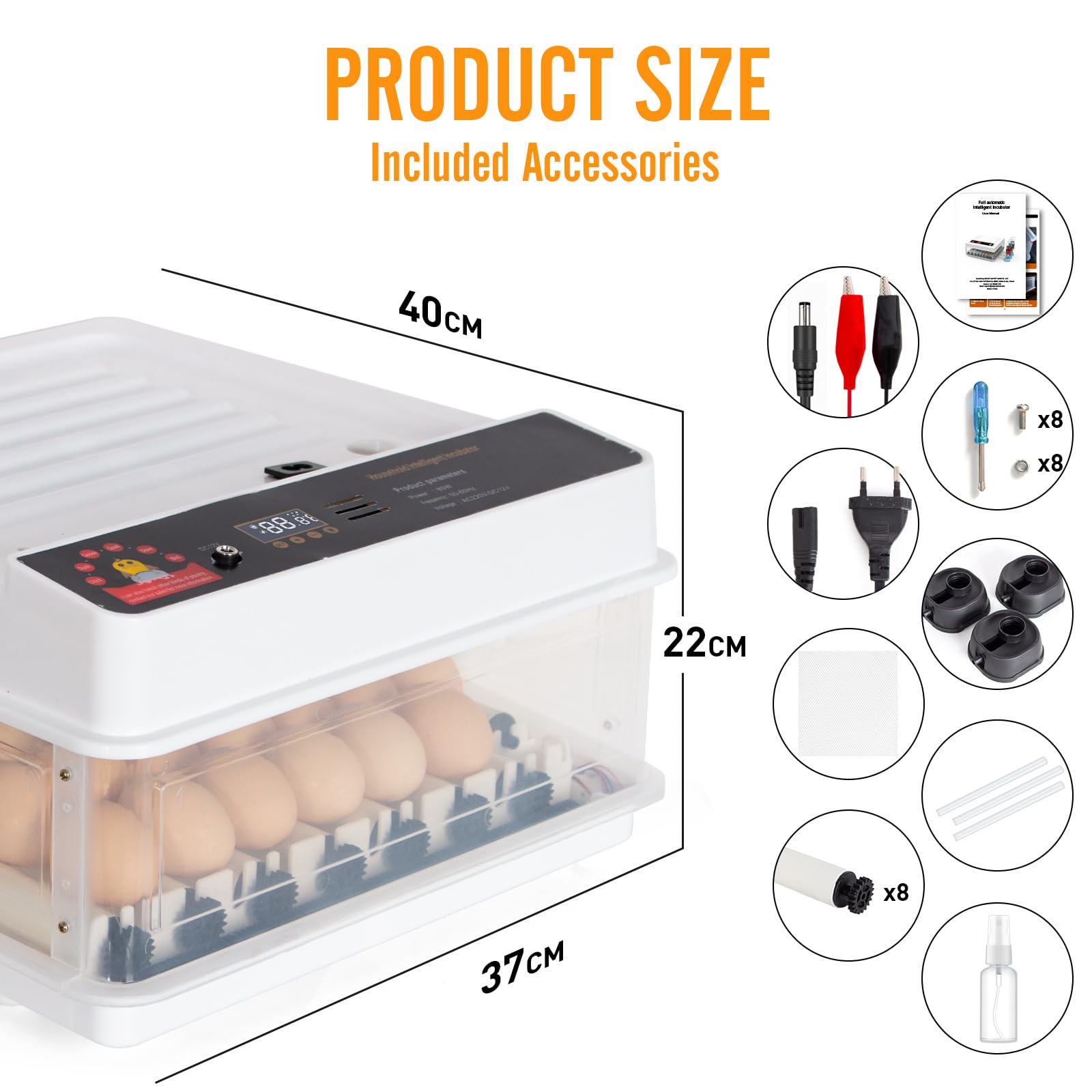 Todeco Couveuse Automatique 48 Œufs, Incubateur avec Température Réglable | Retournement Automatique, Humidification Automatique, Mire-œufs LED, Double Alimentation Électrique, pour Volailles