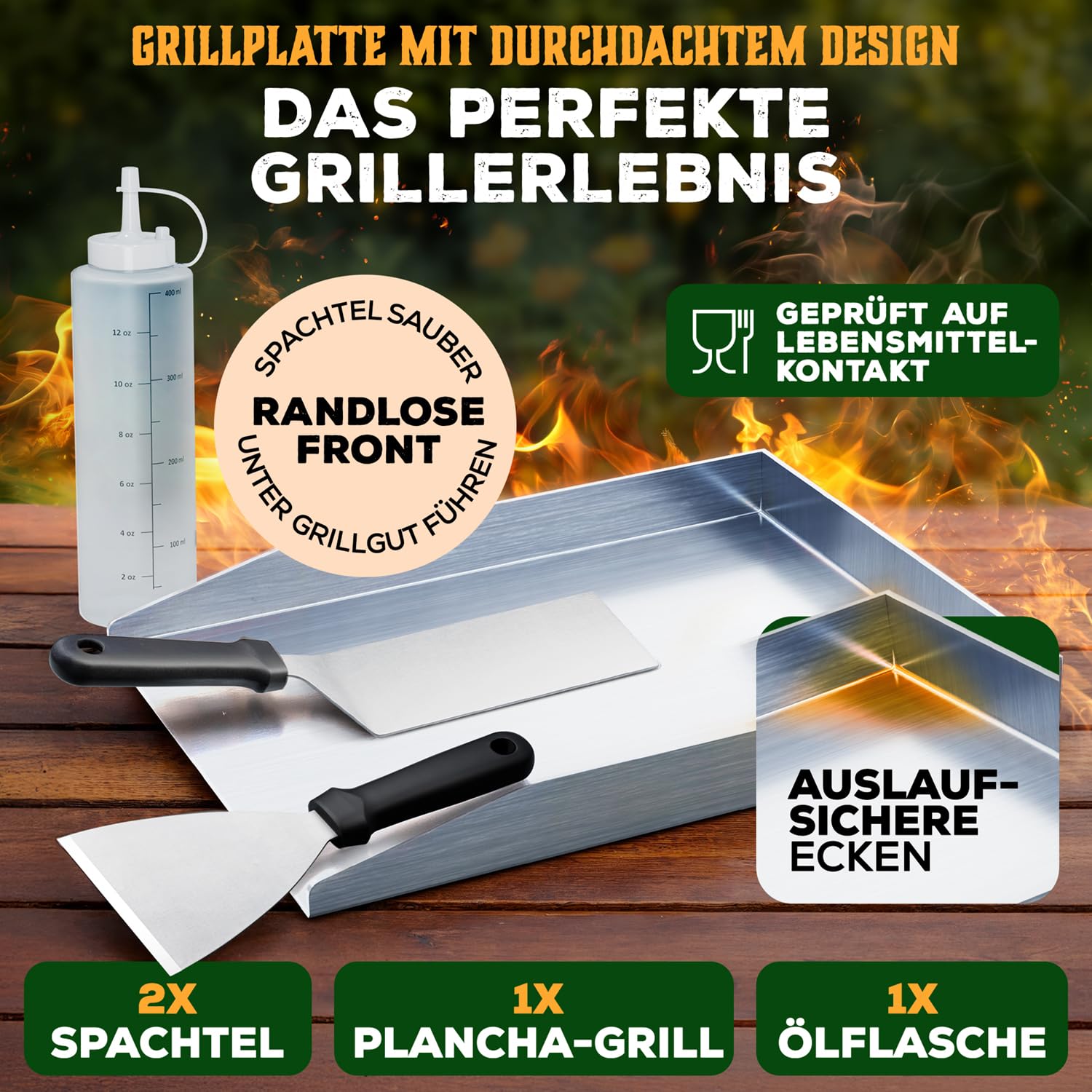 Blumtal Set Plancha Grillplatte Edelstahl inkl. 2 Grillspachteln & Ölflasche - 30x40 cm Plancha Grill Set für perfekte Röstaromen - Grillmatte Gasgrill geeignet - Edelstahl Platte rostfrei & robust