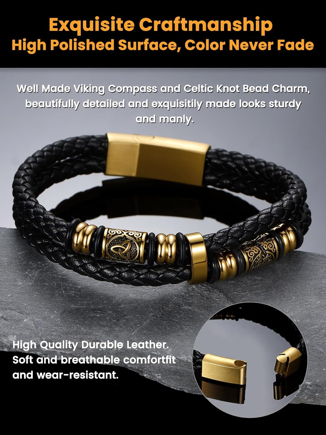 Bestyle Genuine Men Leather Bracelets Fashion Stainless Steel Celtic Beaded Wristband for Men, Size 7.5/8.3/9.1/9.8Inch Men Bracelet, Message Card Offered - Image 6
