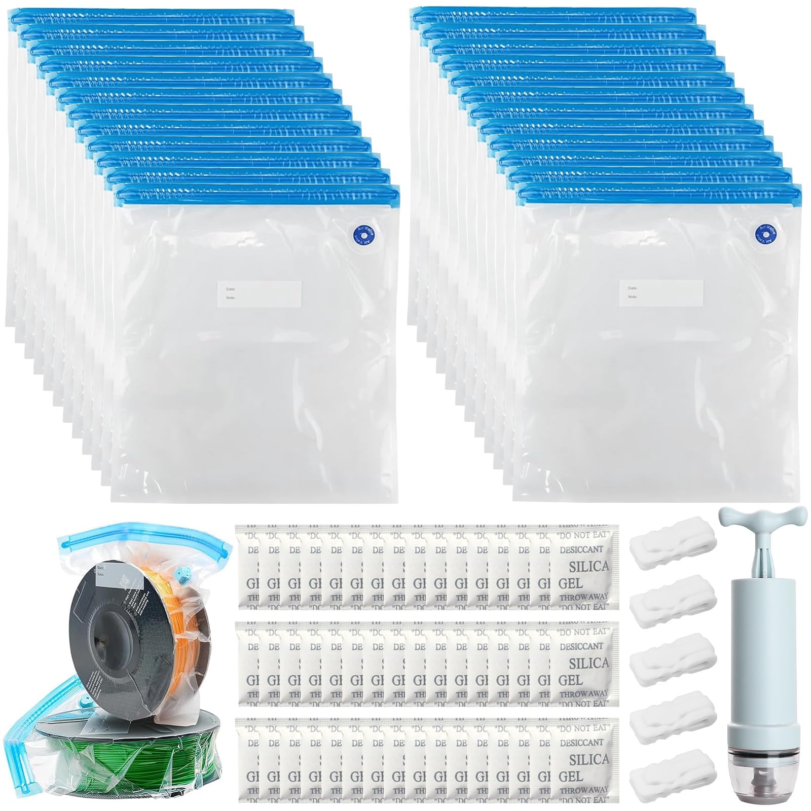 YOUNGSAY 24 Sacchetti Sottovuoto per Filamenti 3D + 48 Essiccante, 34 x 30cm Sacchetti Sottovuoto per Filamenti per Stampante 3D con Pompa Manuale e Clip di Tenuta per PLA ABS PETG TPU