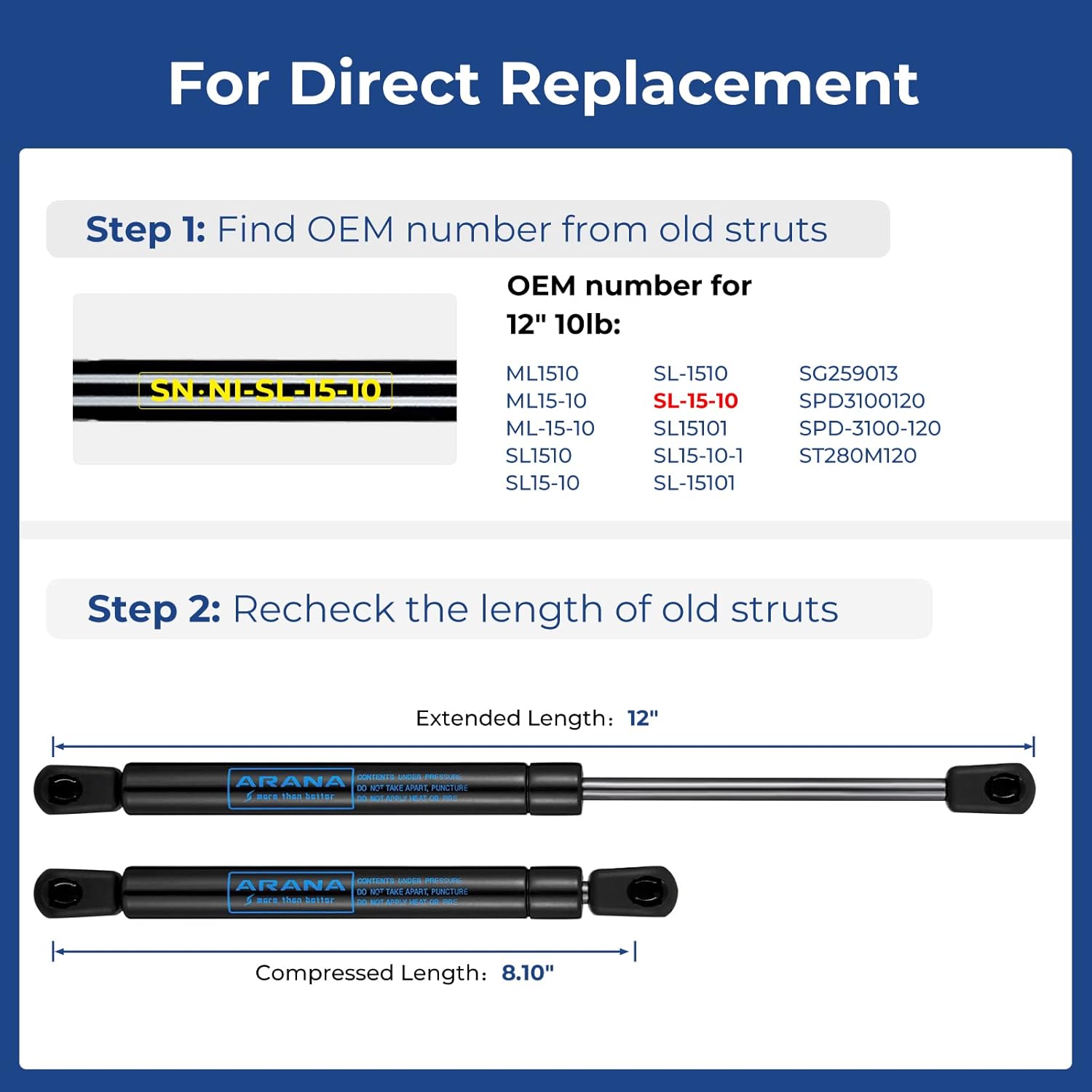 ARANA 12 inch 10 Lb Gas Struts Spring Shocks 12" 45N Lift Support for Pickup Truck Aluminum Tool Box RV Cabinet Door Stainless Steel Toolbox Lid Stay(No Mounting Brackets), Set of 2