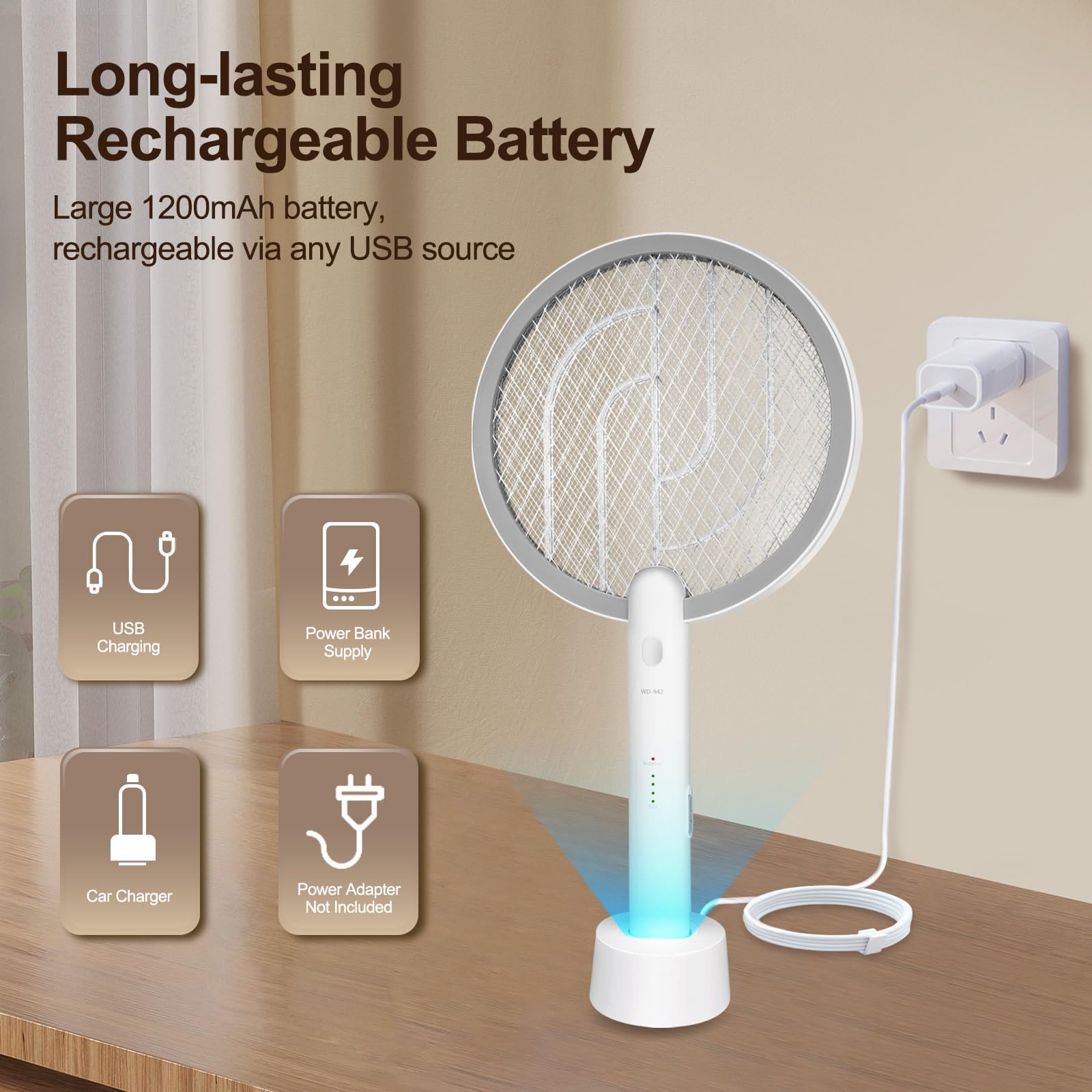 Racchetta scacciamosche elettrica 2 in 1, racchetta insetticida e lampada antizanzare, ricaricabile tramite USB, con batteria da 1200 mAh, per interni ed esterni, casa, cortile, patio, campeggio