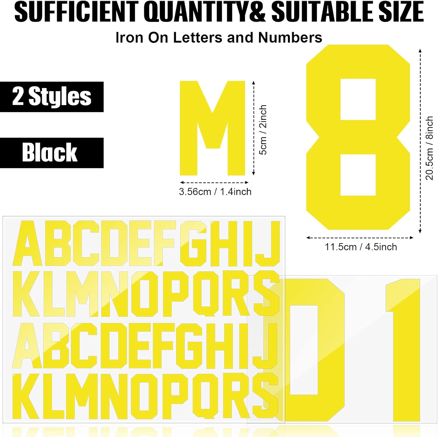 18 Sheets 216 Pieces 8 Inch Iron On Numbers T-Shirt 2 Inch Iron On Letters Patches Kit, 0 to 11 Iron-on Numbers A to Z Heat Transfer Letters for Jersey Football Baseball T-Shirts Team Name(Yellow)