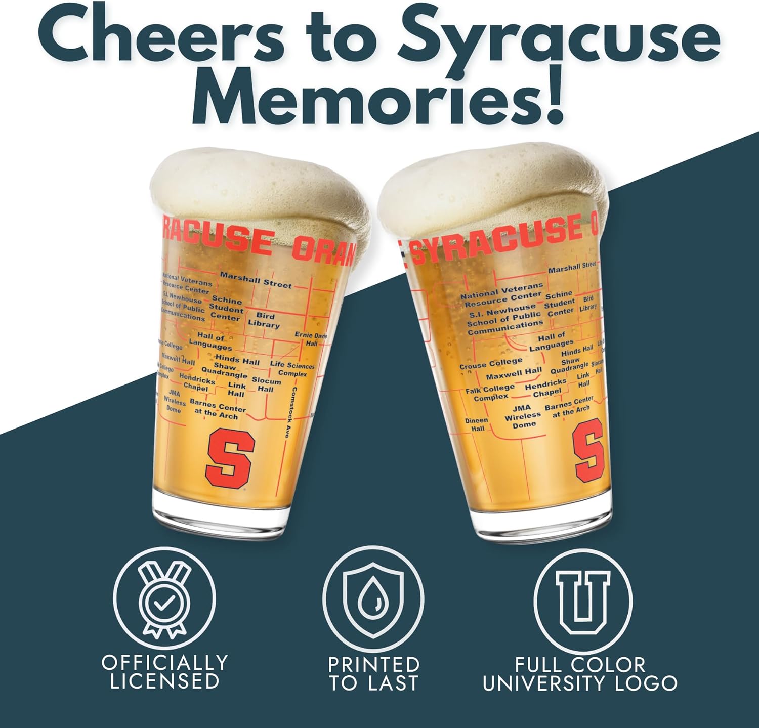 Greenline Goods – University of Syracuse Orange College Pint Beer Glasses (Set of 2), 16 oz – Full-Color Logo + Campus Map