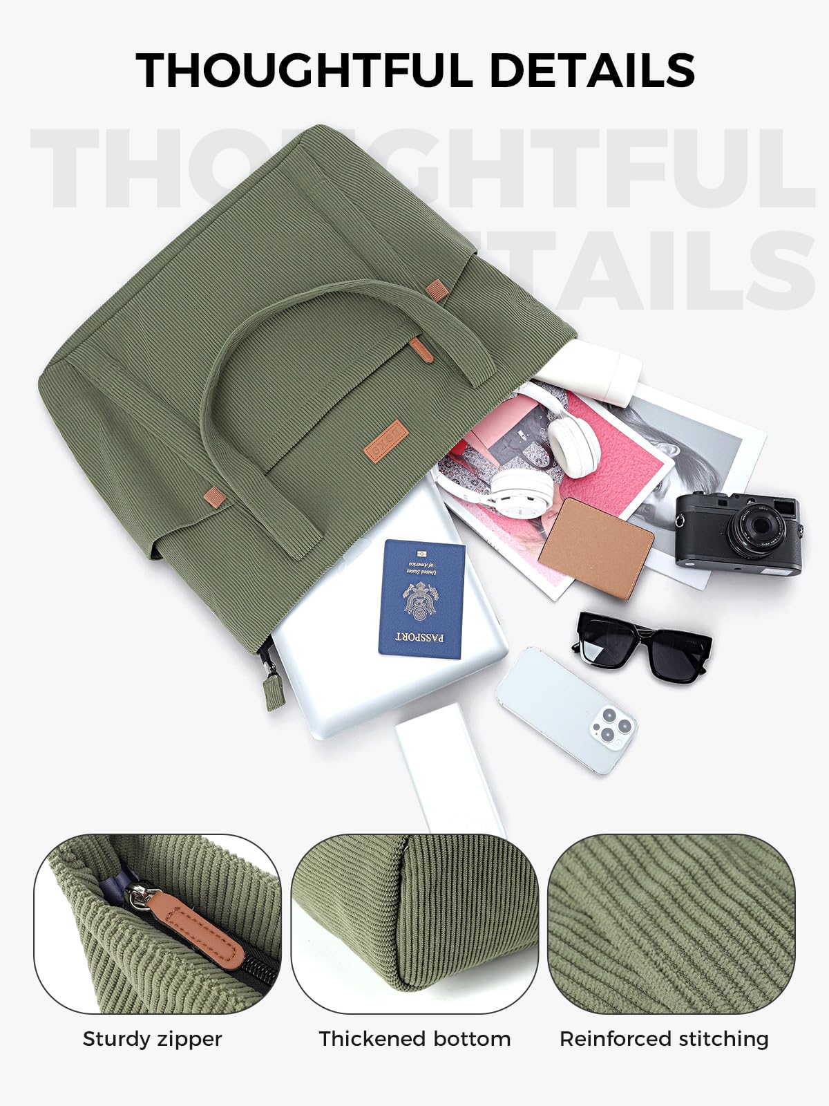 Cord Tasche Damen, Groß Tote Bag Strandtasche mit Reißverschluss, Shopper Tasche Damen Laptoptasche mit 17 Zoll Laptopfach, Elegant Handtasche Umhängetasche für Arbeit Schule Gym-Grün