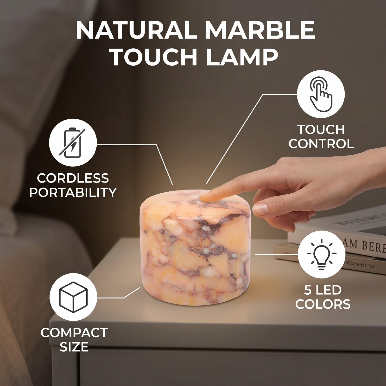 Garsent Lámpara Táctil de Mármol Natural, Luz Nocturna LED con 5 Modos de