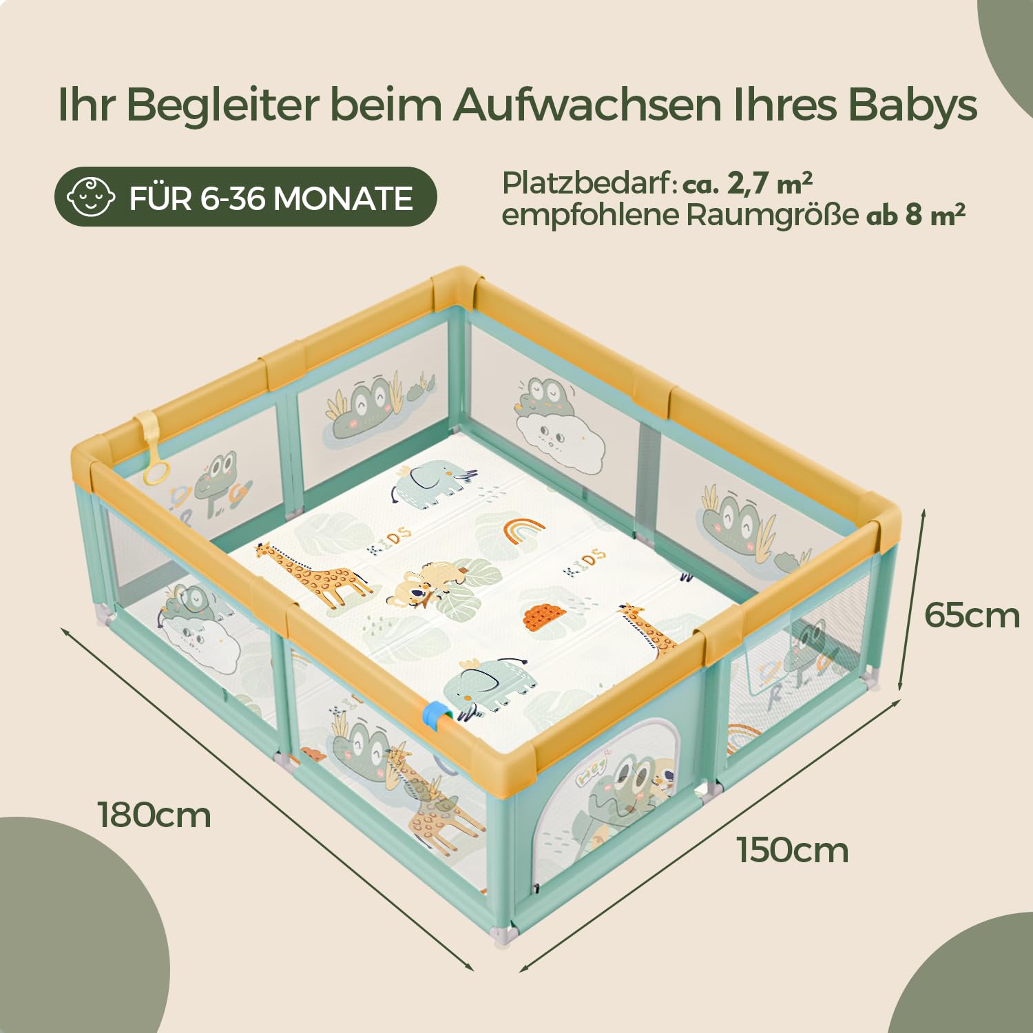 Großes Laufstall Baby Mit Matratze - Sicherer XXL Laufgitter Baby Mit Atmungsaktivem Netz, 60 Bällen, Basketballkorb, 4 Zugringen Und Einer Faltbaren Matte (Grün Krokodil, 150 x 180 x 66 cm)