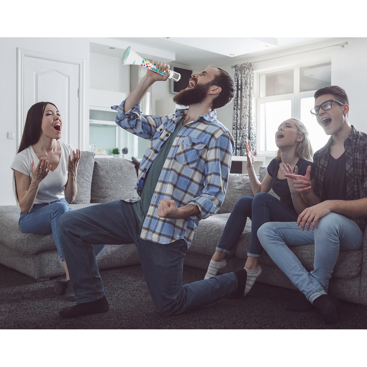 Lexibook iParty Karaoké Micro Star Bluetooth®con Funzione commutatore vocale, Microfono per Canto, Altoparlante Luminoso Incorporato 5W, Ingresso Micro SD, Bianco/Blu, MIC210LXB