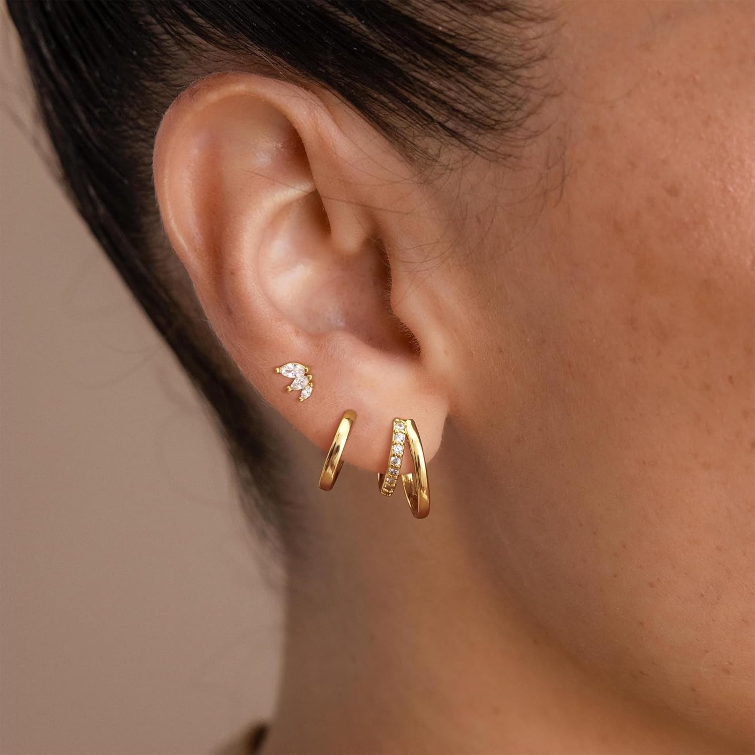 Gold Earrings for Women, 3 Pairs 14K Gold Plated Hoop Earring Sets for Women Small Gold Huggie Earrings Sets for Multiple Piercing, Hypoallergenic Dainty CZ Cartilage Earrings Stacks Trendy Jewelry Gifts - Image 5