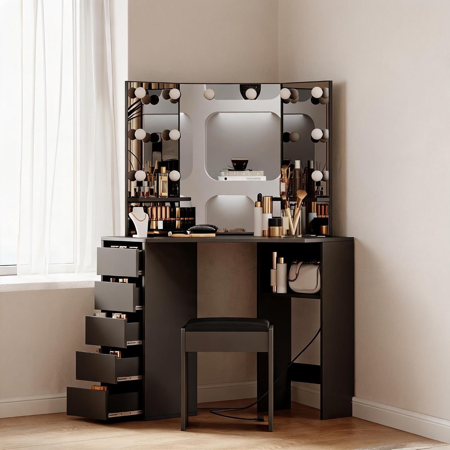 Corner Makeup Vanity Desk with Tri-Fold LED Lighted Mirror