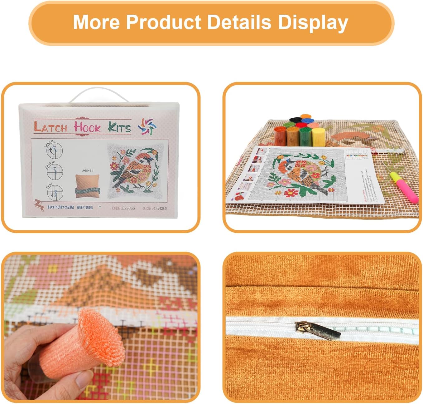 QIONG MENG Latch Hook Kits for Adults, DIY Spring Bird Decor Floral Pattern Pillow Cover Kit Needlework Cushion Cover Hand Craft Crochet for Home Sofa Decorations Gifts 17 x 17 Inch