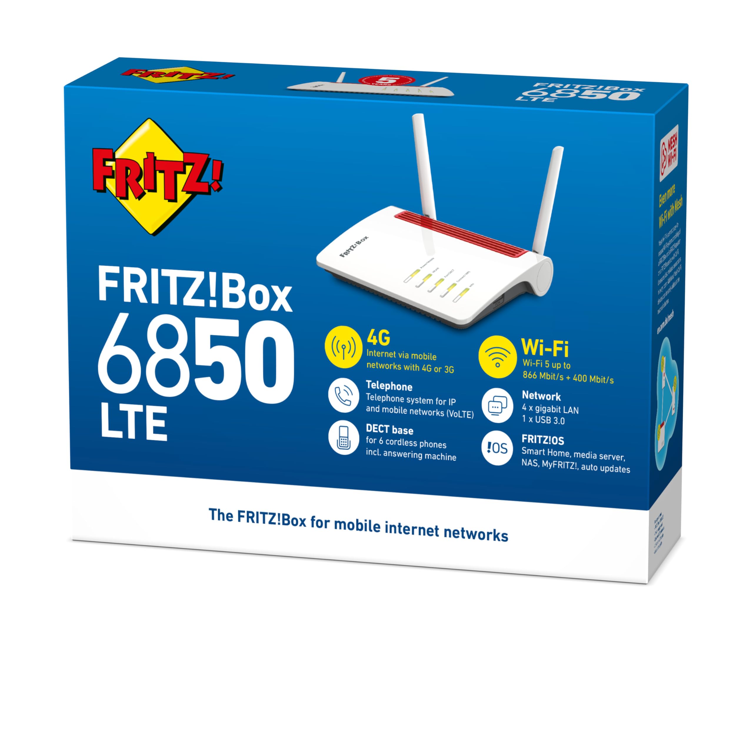 AVM FRITZ!Box 6850 LTE Edition International, Modem Router 4G/3G con Wi-Fi Dual Band fino a 1.266 Mbit/s, Mesh, 4x Gigabit Lan, 1x USB 3.0, VoIP, Base Dect, SIM Slot, Interfaccia in Italiano