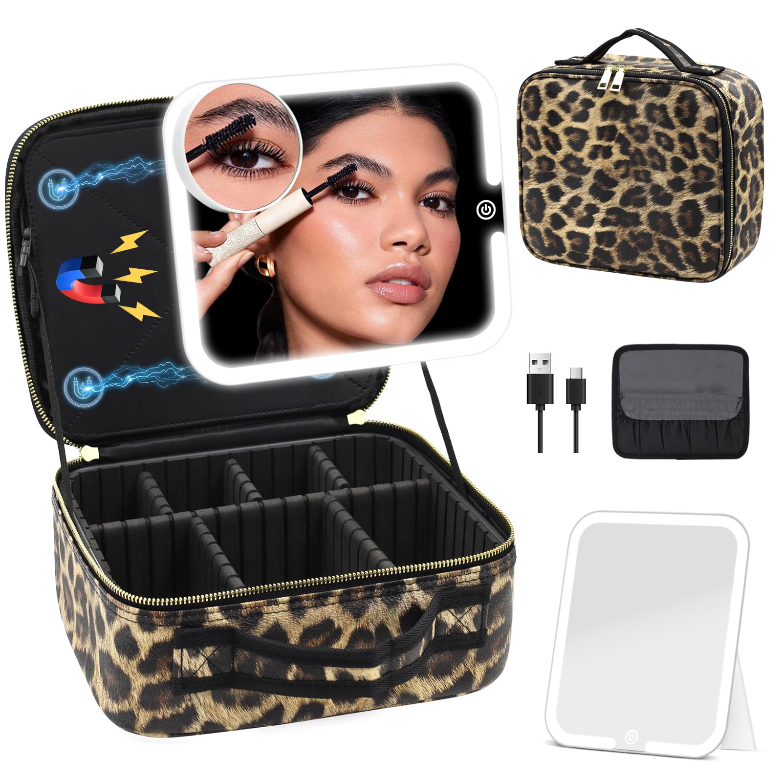Makeup Train Case with Mirror and Light 3 Color Adjust Brightness,Makeup Bag with Mirror Rechargeable Cosmetic Case with 2-Layers Adjustable Dividers & Detachable Magnifying Mirror,