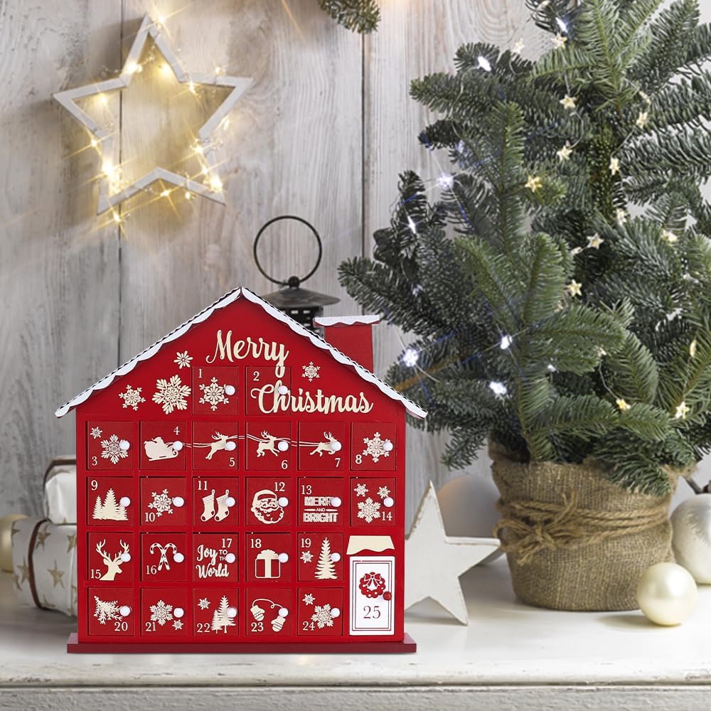 MEETYAMOR Christmas Advent Calendar, Wooden House 2025 Advent Calendar with 25 Large Drawers, 25 Days Until to Christmas Countdown for Home Indoor Living Room Table Mantel Decor, Red