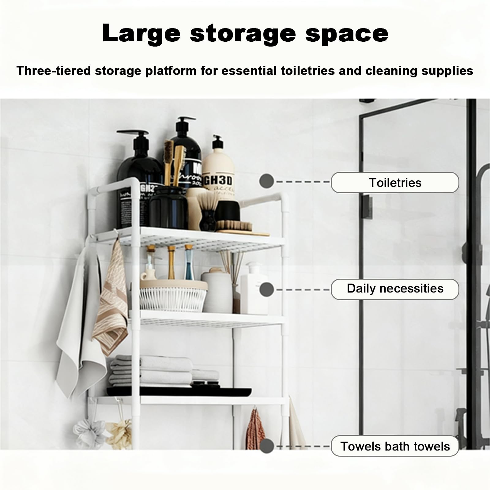 Porta sacchetti igienici impermeabile con 2 ripiani salvaspazio da bagno nero soluzione di archiviazione per articoli da toeletta e articoli essenziali