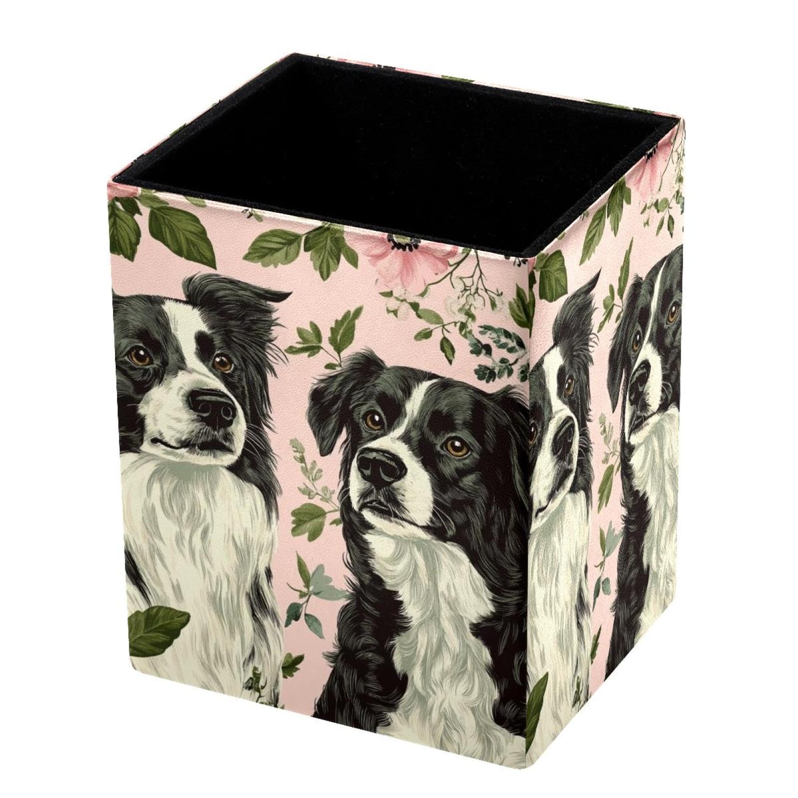 FWJZDSP Standing Pencil Case Dogs with Floral, Cute Pen Holder Pouch Pencil Bag Makeup Brush Boxes for School Students Office Women Teens