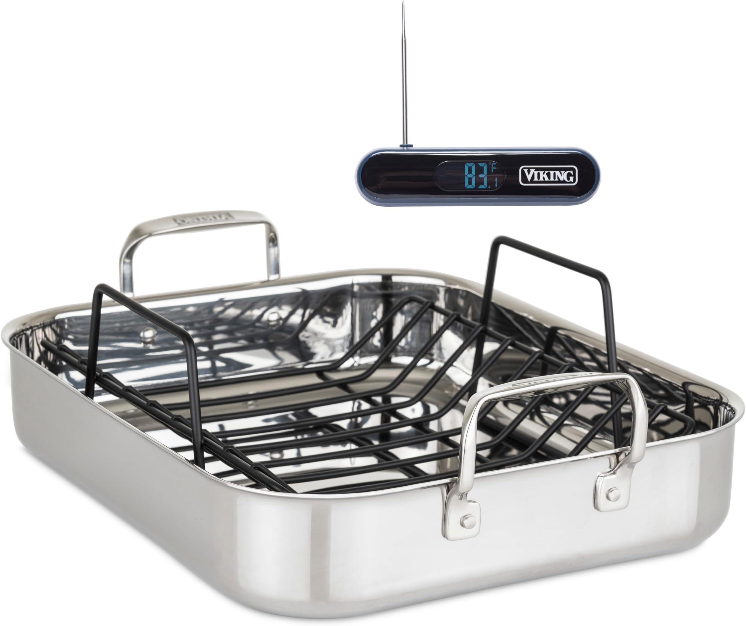 3-Ply Stainless Steel Roasting Pan with Non Stick Rack, 16 x 13 Inch Kitchen Cookware, Great for Turkey, Includes Probe Thermometer, Dishwasher and Oven Safe, Induction Ready, Silver