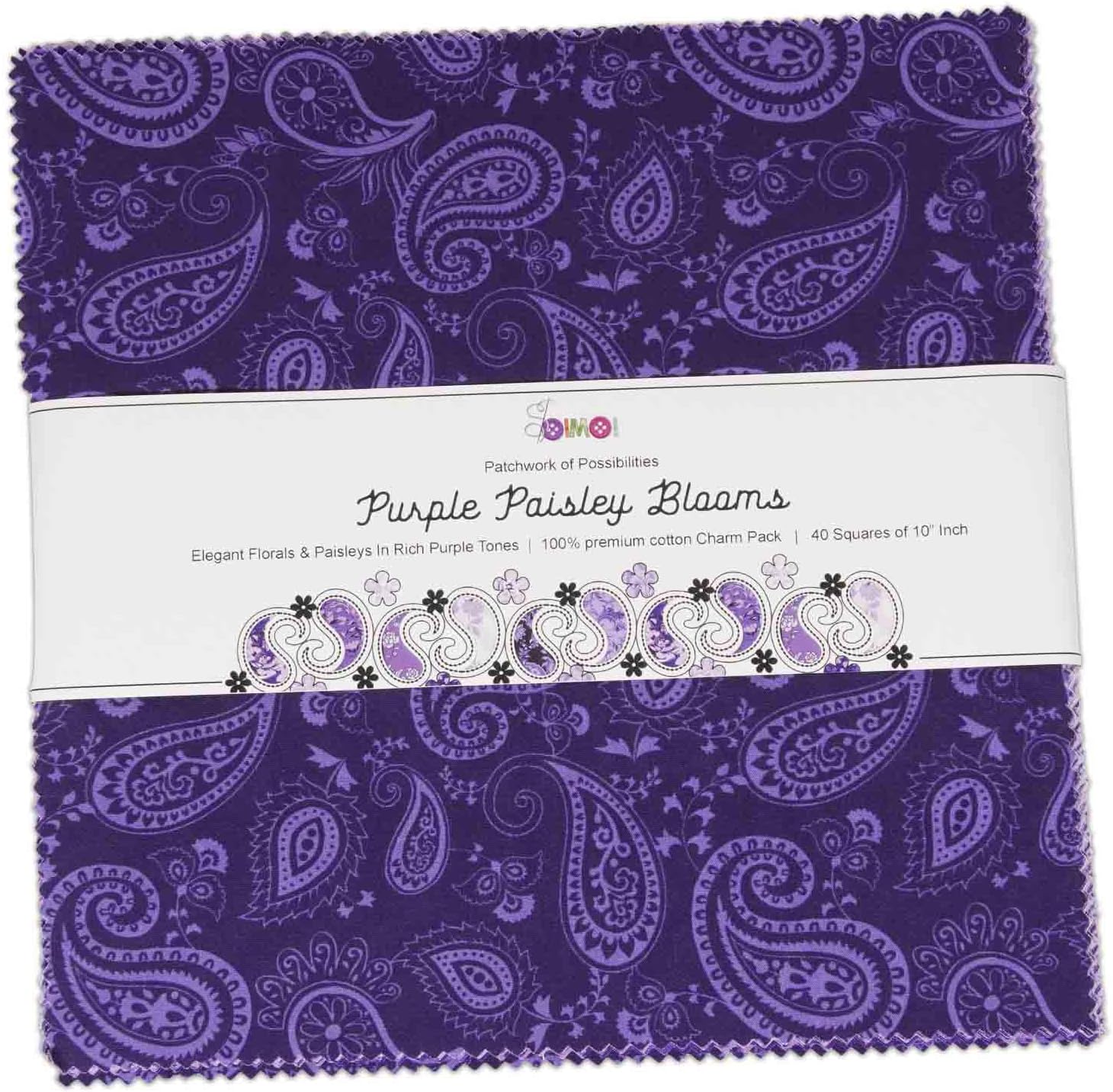 40 Pcs Cotton Bundles Charm Packs for Quilting, DIY Fabric Bundle Square, Fat Quarter Layer Cake, Fabric Scraps for Crafts, Precuts Quilt Squares 10 x 10 inches - Purple Paisley Blooms
