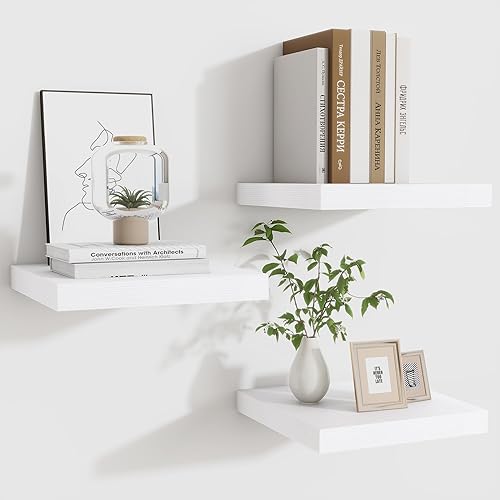 Miniatura 110 de Fun Memories Estantes flotantes de 16 pulgadas – Estantes de pared de madera de color blanco rústico profundo – Estante de almacenamiento para pared