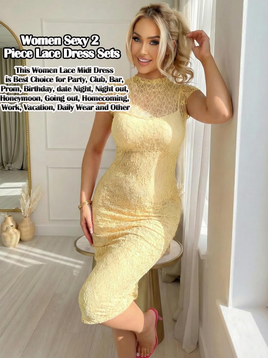 Fastkoala Women Sexy 2 Piece Lace Dress Set Short Sleeve Bodycon Midi Dress See Through Mesh Club Party Dresses