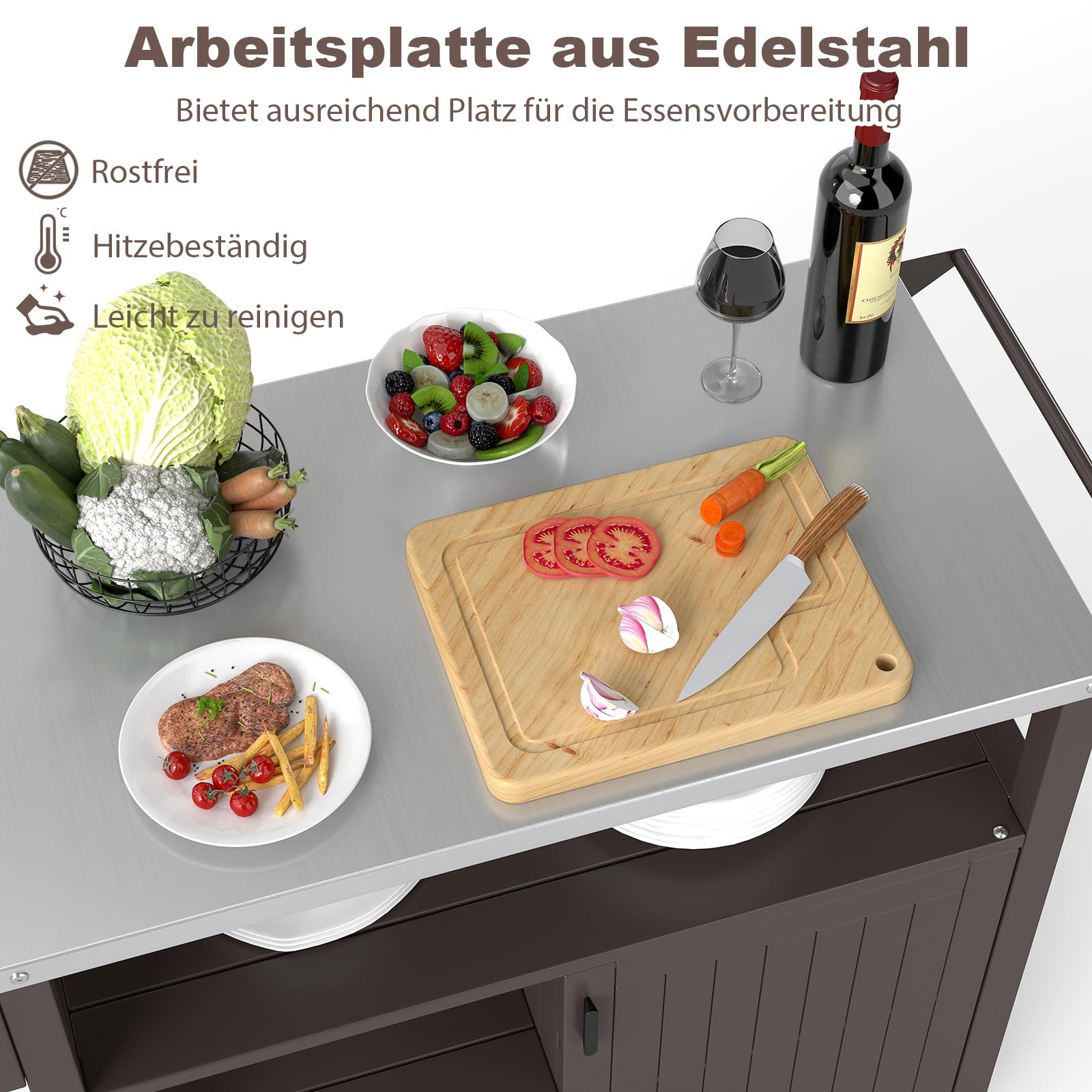 GOPLUS Wózek grillowy na zewnątrz, stół BBQ z dużą powierzchnią roboczą, wózek do serwowania ze stali nierdzewnej z 3 półkami, 4 kółkami, szafką i uchwytem, wózek Plancha na podwórko, taras i ogród