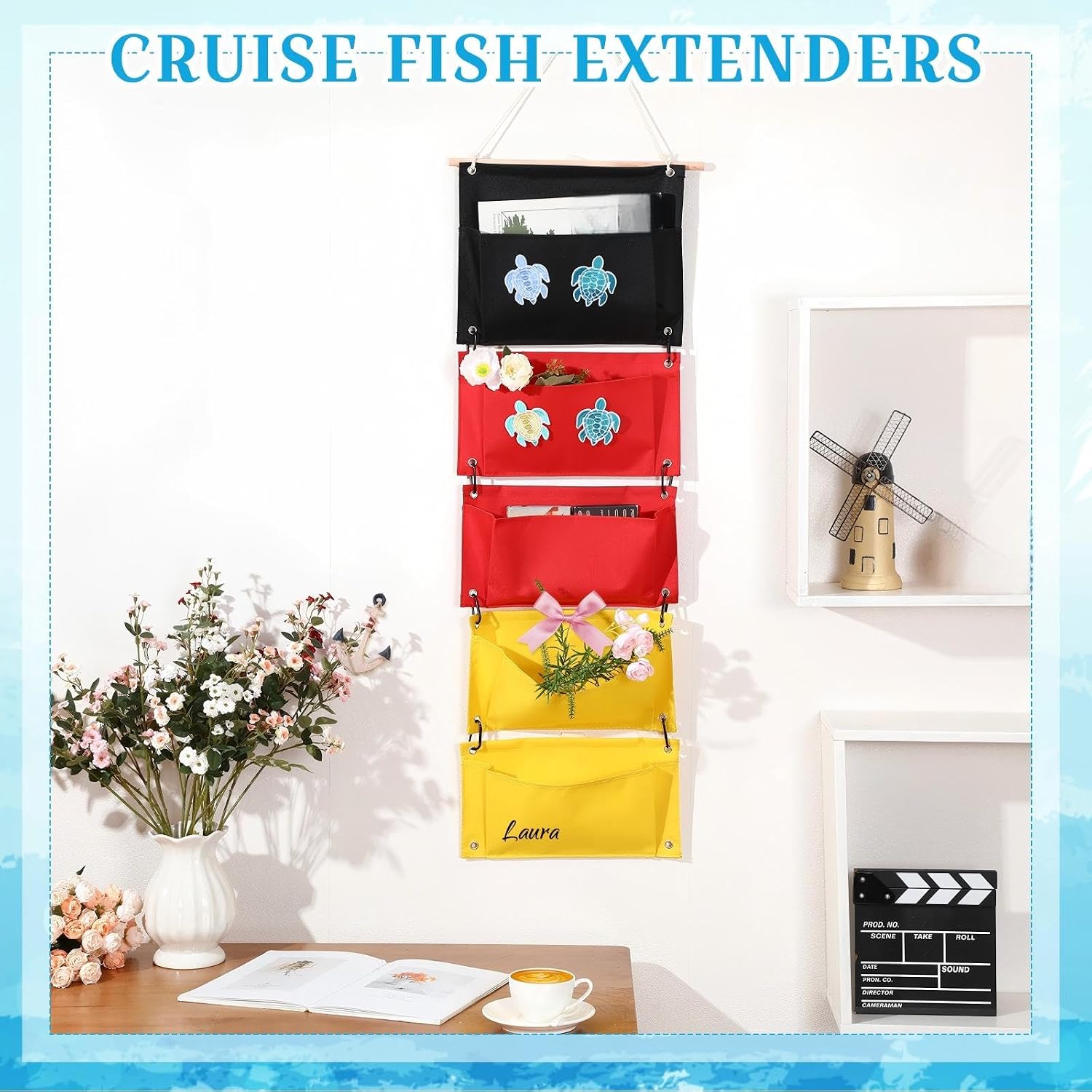 Fish Extender Cruise Hanging 5 Pockets with 4 Pcs Iron on Sea Turtle Patches and 4 Cruise Door Magnets Cabin Storage Bag 2026 Fe for Exchange Gift Pixie Dusting