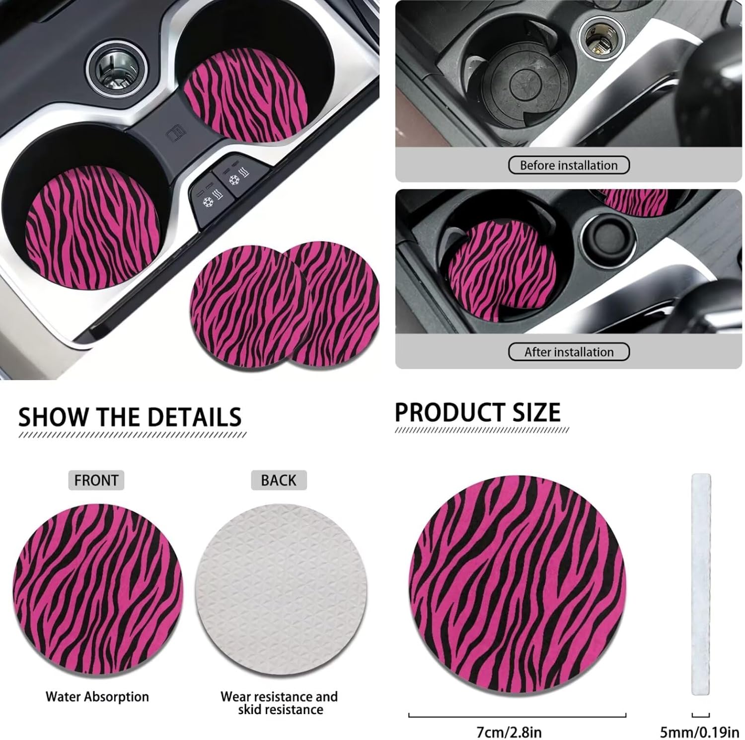 XYZCANDO Pink Zebra Print Auto Seat Covers Sets of 10 Car Seat Belt Cover and Steering Wheel Cover Auto Water Cup Pad Chapstick Holder Comfortable Removable Auto Accessories for Car SUV
