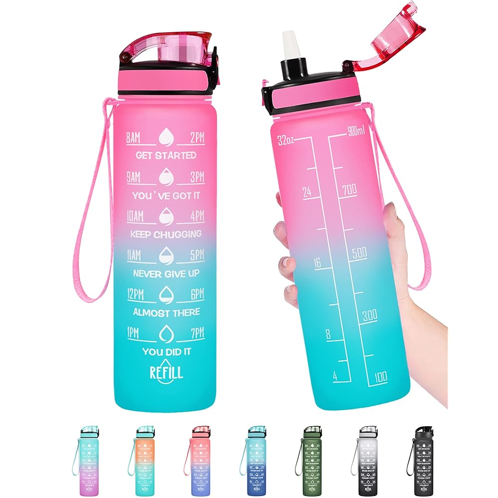 Enerbone 32 oz Water Bottle, Leakproof BPA & Toxic Free, Motivational Water Bottle with Times to Drink and Straw, Fitness Sports Water Bottle with Strap for Office, Gym, Outdoor Sports, Pink-Green