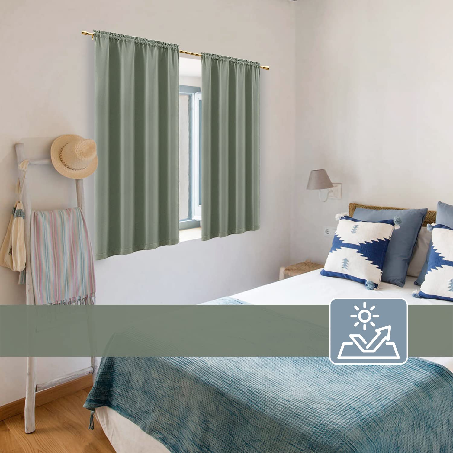 Tende oscuranti a righe verde salvia e bianche, 2 pannelli, larghezza 117 cm x lunghezza 136 cm, ideali per camera da letto e soggiorno, blocco della luce, elegante decorazione per la casa