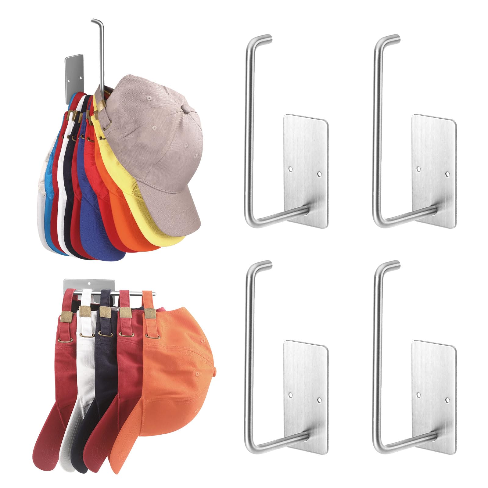 Percheros para gorras de béisbol, paquete de 4, ganchos adhesivos de acero inoxidable para pared, organizador de ganchos fuertes multiusos que puede contener más de 10 sombreros para