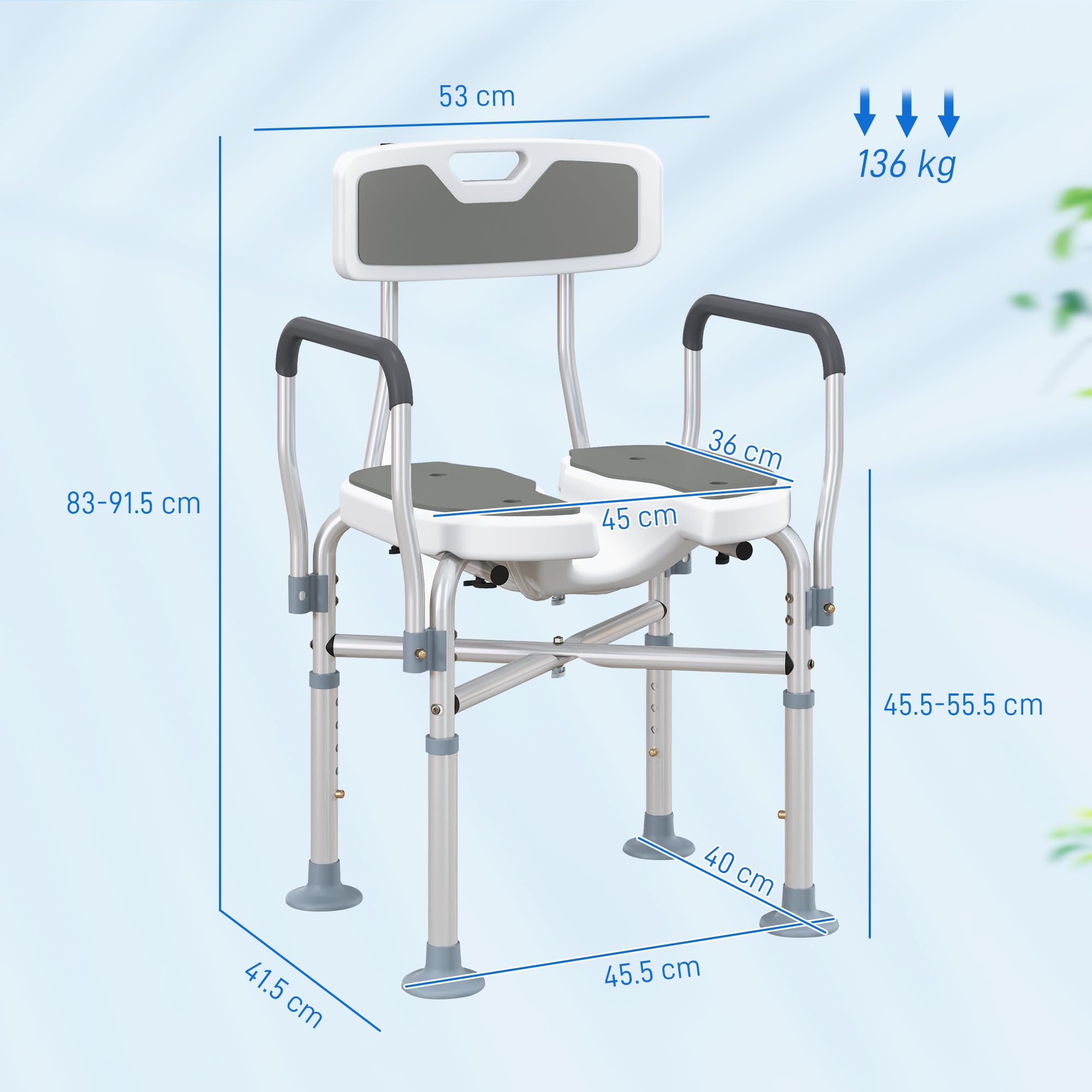 HOMCOM Silla de ducha con abertura higiénica acolchada para ancianos Gris | Barras reforzadas, silla baño regulable, patas antideslizantes, para mayores, discapacitados, montaje sin herramientas