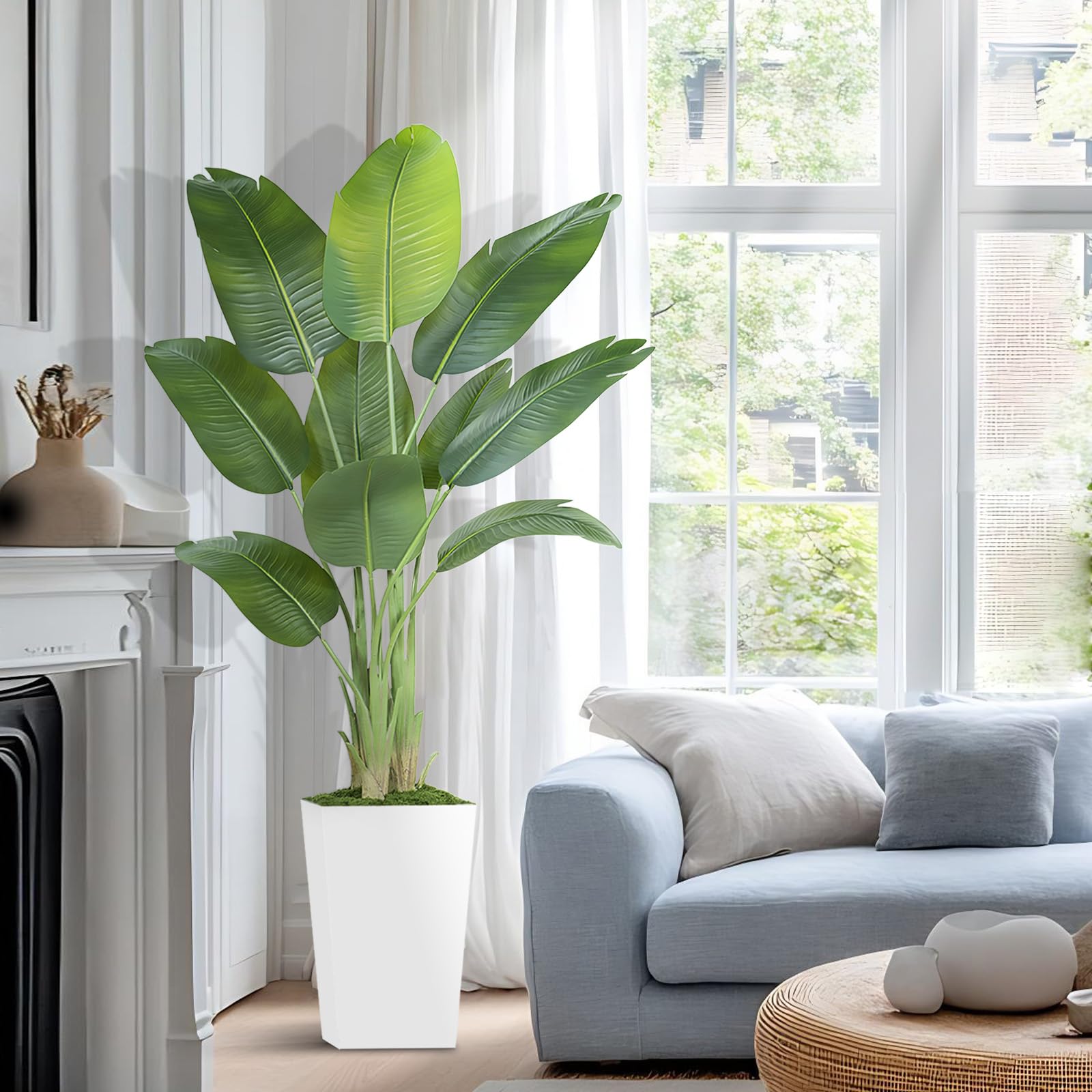 Plante Artificielle Oiseau de Paradis 180cm Pot Blanc Palmier Tropical Feuilles de Bananier Décoration Intérieur Bureau Salon