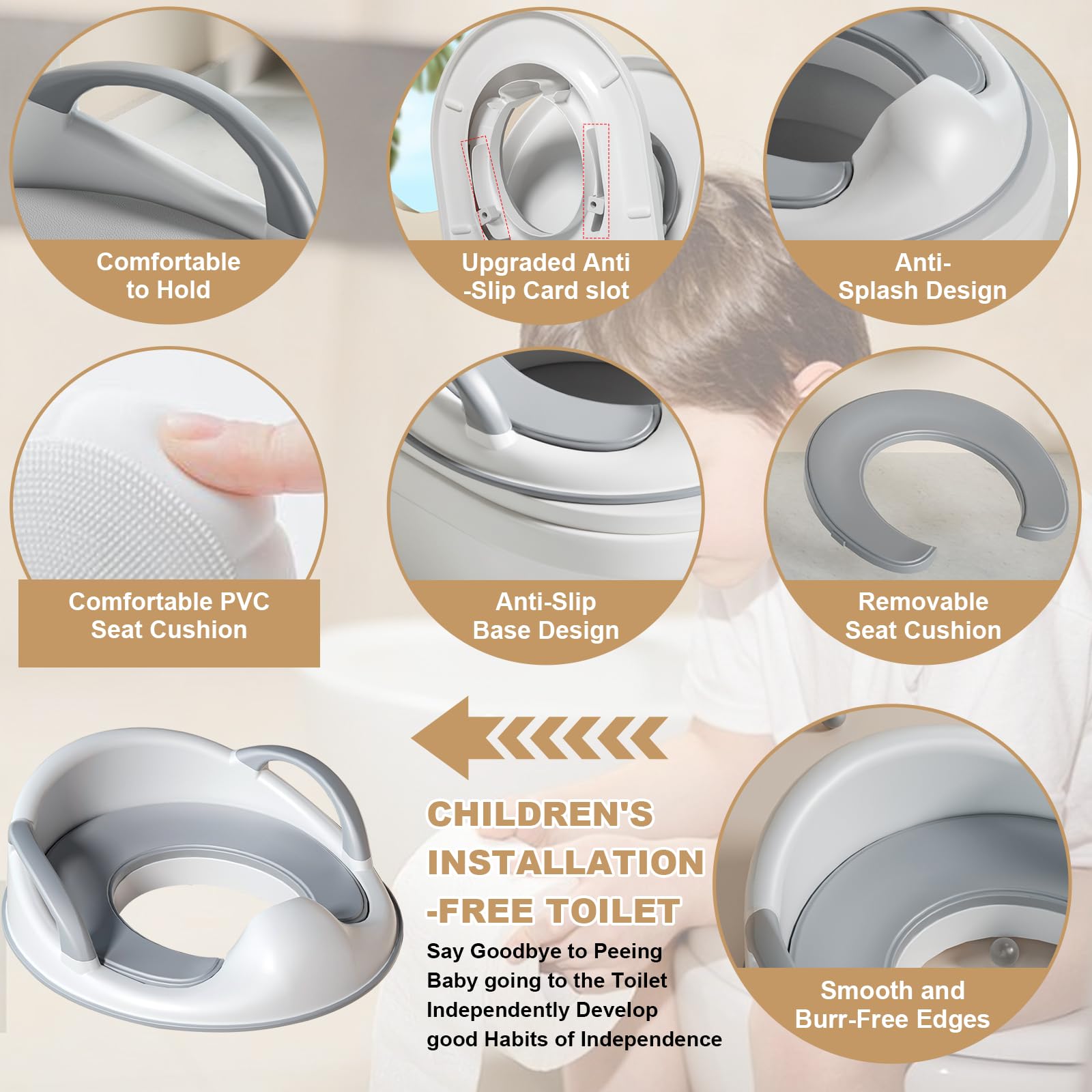 Réducteur Toilette Enfant,Adaptateur Toilette Enfant avec Poignée et Dossier,Réducteurs de Toilettes Antidérapante pour Garçons et Filles pour Bébé de 1 à 5 Ans(1Crochet 1Pinceau 2 Coussins)
