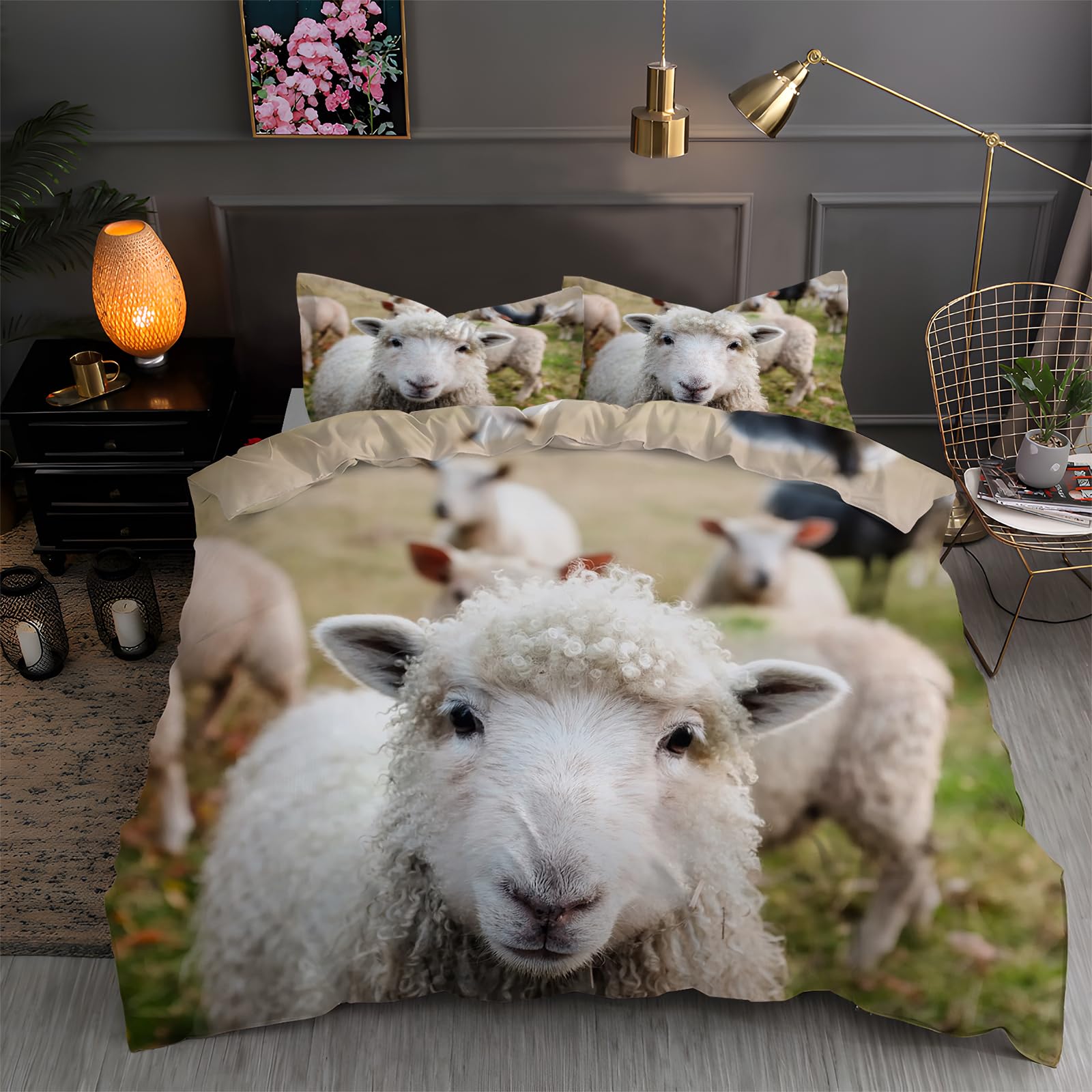 Beige Super King Duvet Cover sheep Bedding Duvet Cover Sets with Zipper Closure Fluffy Brushed Microfibre Super King Quilt Cover and 2 Pillowcases 50x75 cm