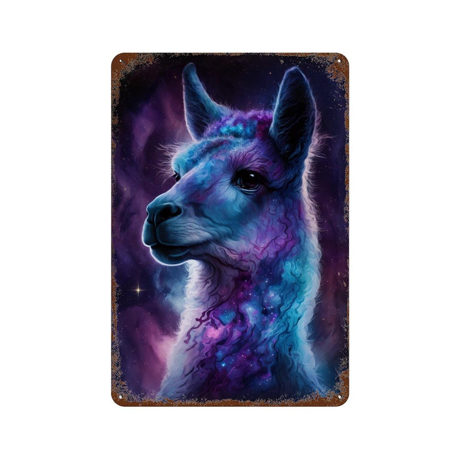 Cosmic Llama Portrait-9 Rust Effect Tin Sign 11.8"x7.9", Farmhouse Wall Decor for Living Room, Hallway And Home Decor
