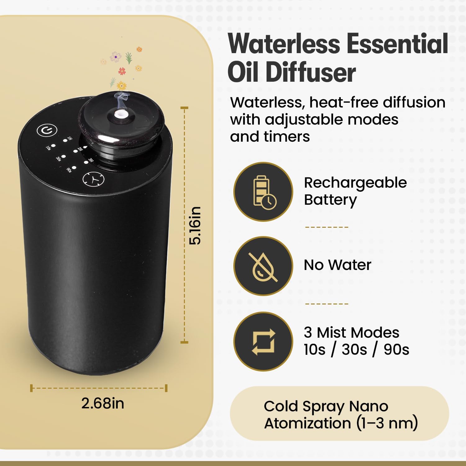 Waterless Essential Oil Diffuser for Car & Home with 3x10ml Oils, Portable Aromatherapy Device, USB-C Rechargeable, 3 Mist Modes, Long Lasting Scent – Black