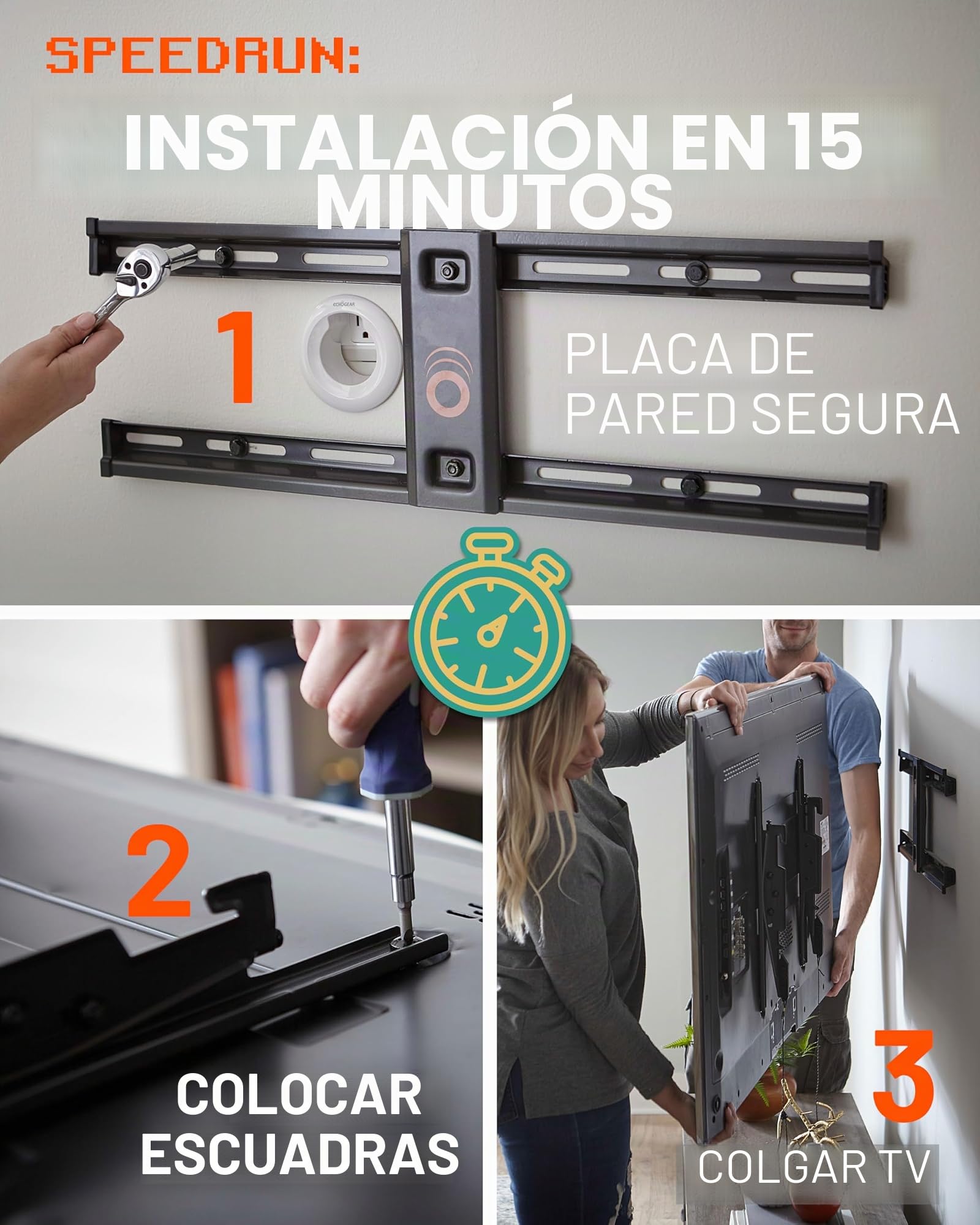 ECHOGEAR Soporte de pared de TV fijo de bajo perfil para televisores de hasta 85"- Sostiene su televisor a solo 2.25" de la pared - Instalación rápida con plantilla y puede nivelar después del montaje