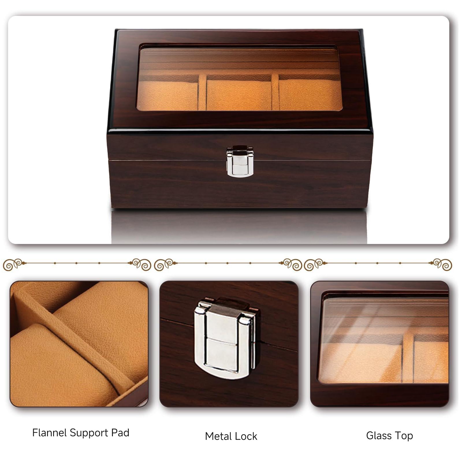 Caja de Relojes de Madera con 3 Compartimentos, Tapa de Cristal, Cierre Metálico, Almohadas Extraíbles, Marrón Rojo