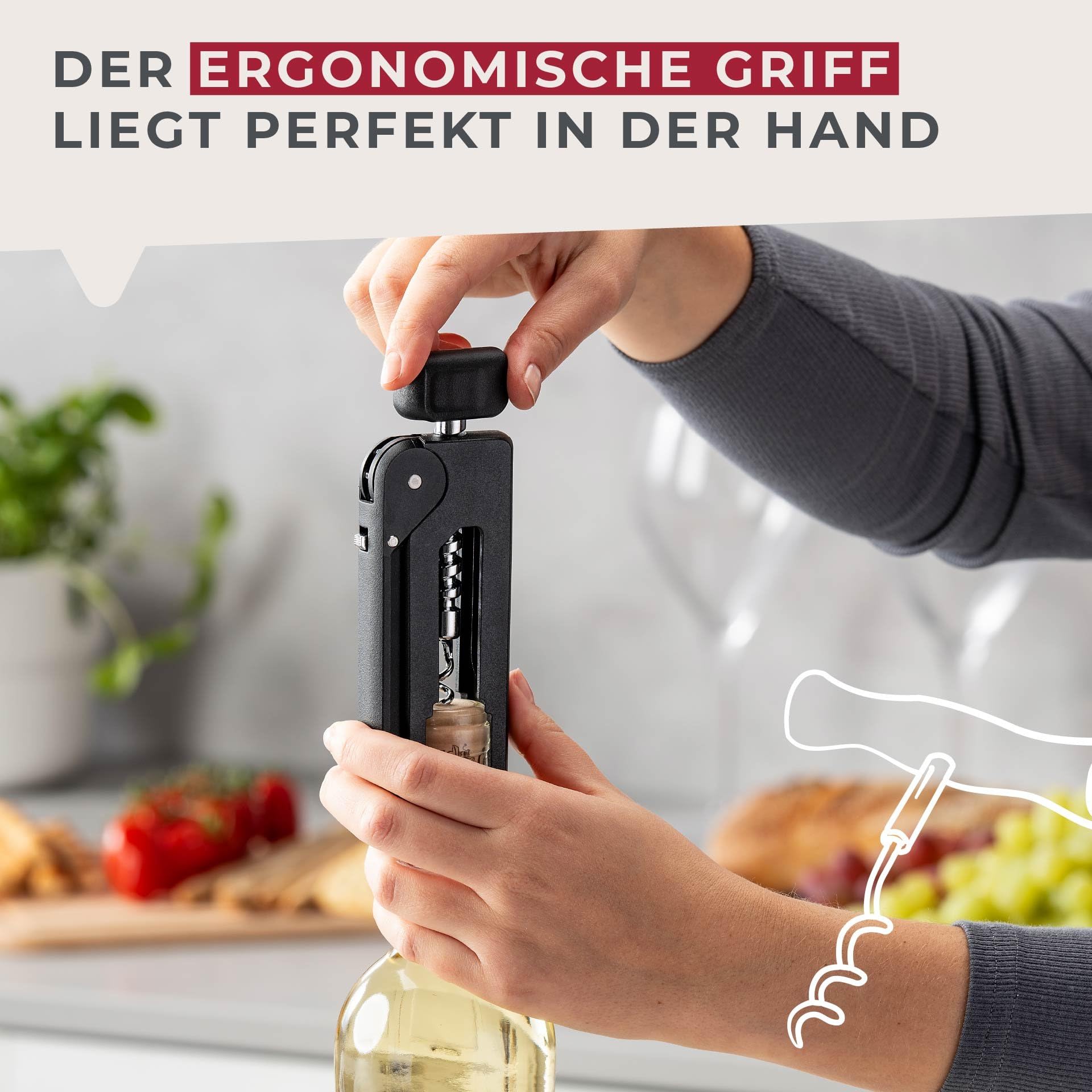 Fackelmann Korkenzieher, 193mm, Ergonomischer Griff, Innovativer Mechanismus, Geeignet für Natur- und Kunststoffkorken, Shadow Black