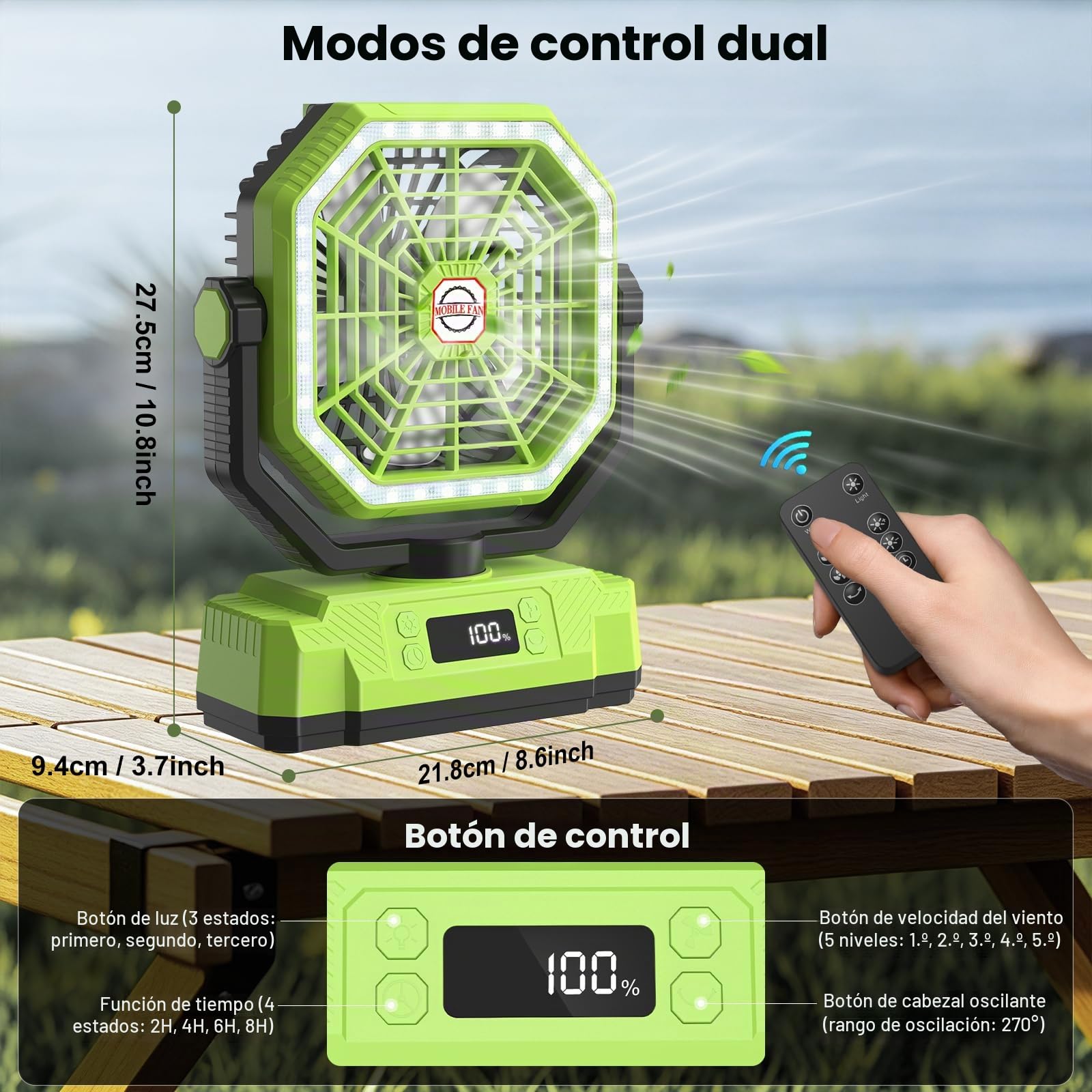 Ventilador Camping con Panel solar de 10 W, Pantalla Digital,Batería de 20000 mAh,Oscilación 270°,Control Remoto,Temporizador, luz LED,Gancho,Ventilador USB Portatil para Exterior y Hogar (Verde)