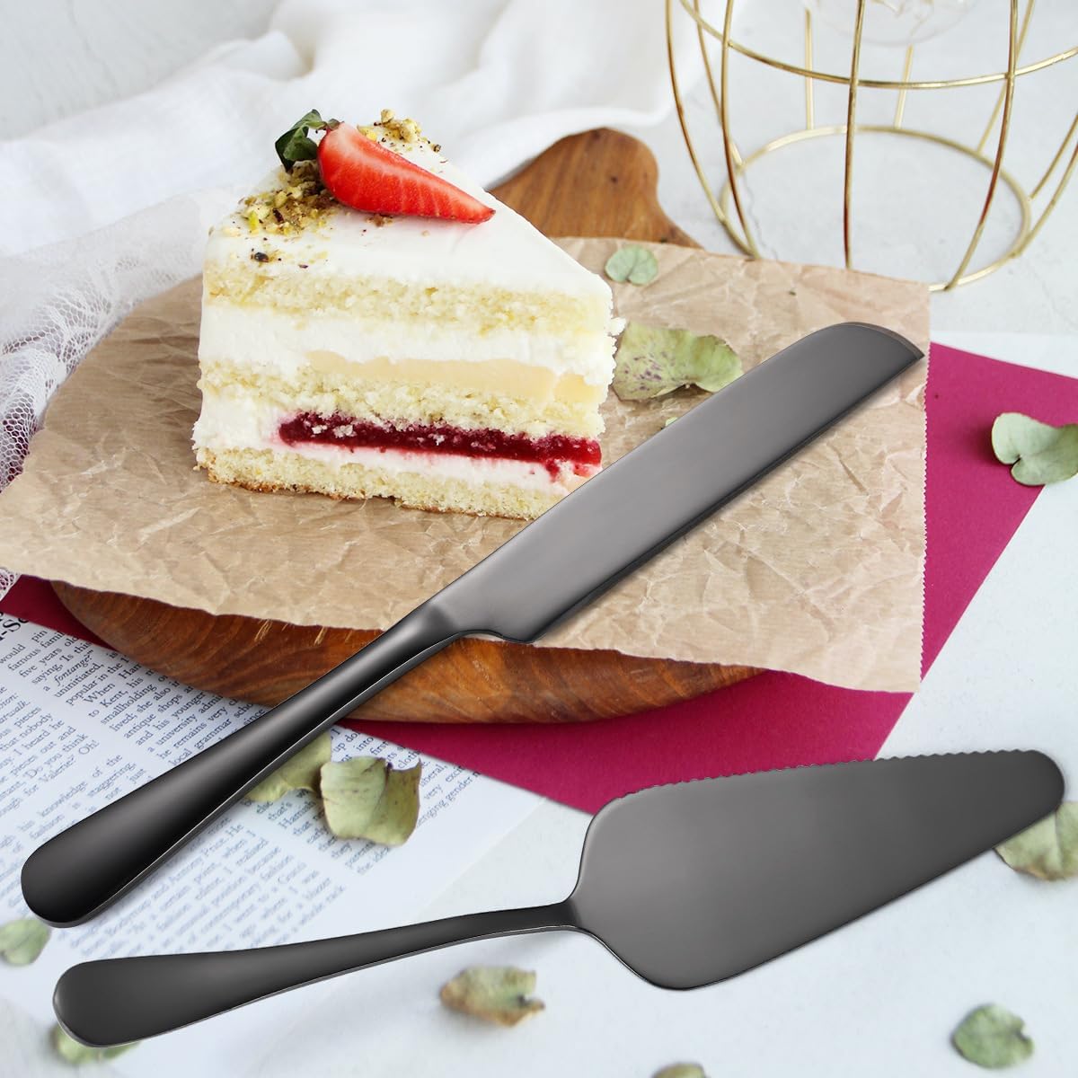 Silverware Flatware Cutlery Set, Pizza Bread Cake Knife Shovel Home Kitchen Stainless Steel Dessert Cutlery Set，Rose Gold-10Set