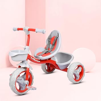 XAIPRO Tricycle for Kids - Red & Grey | Cycle for Kids 1-4 Years | Bicycle with Storage Basket, Cushion Seat and Seat Belt | Anti Skid EVA Wheels | Carrying Capacity Upto 30 Kgs