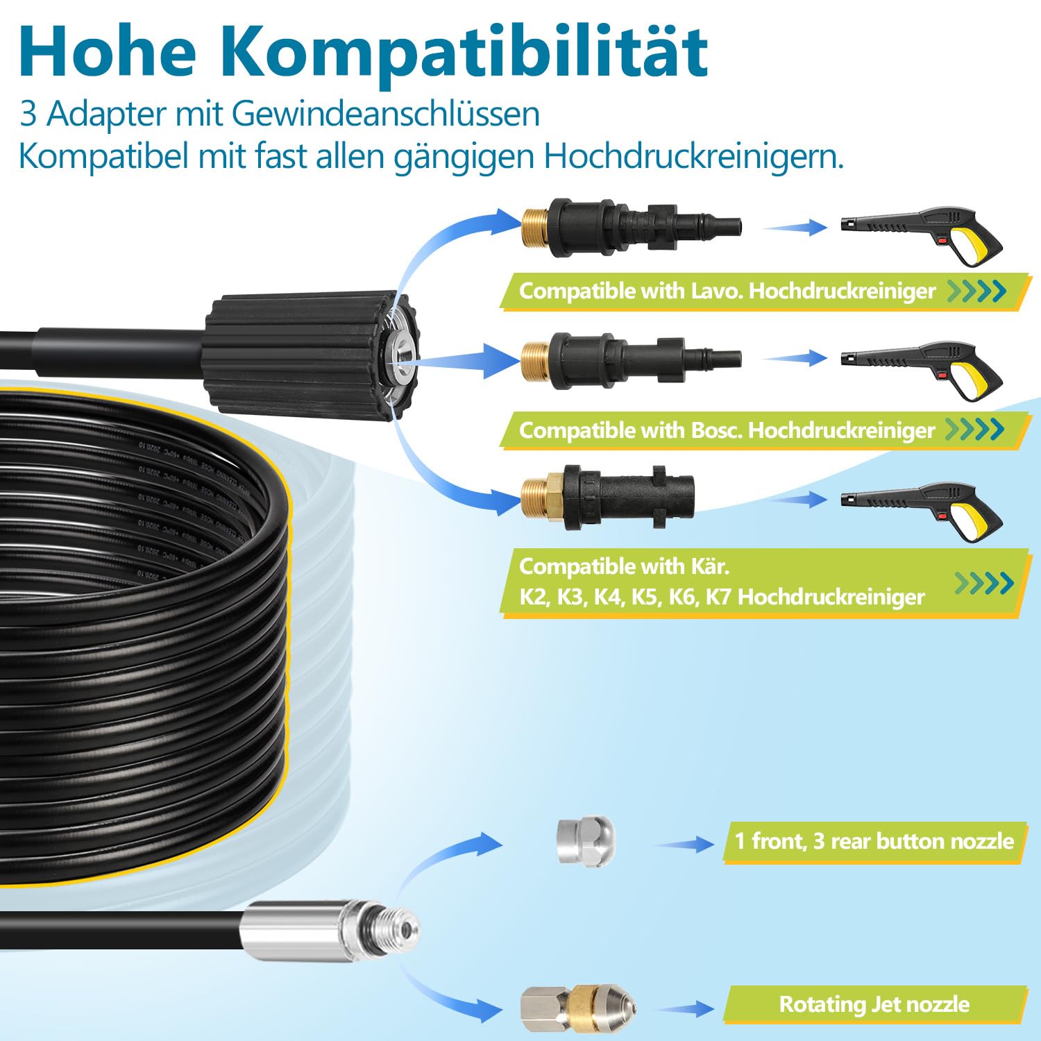 Rohrreinigungsschlauch 30 m für Kärcher K2 K3 K4 K5 K6 K7 HD Hochdruckreiniger, 160 bar, mit 2 Adaptern und 2 Düsen, starr + rotierend, 1/8 Anschluss, Rohrreinigungsset