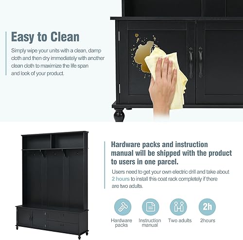 Miniatura 4 de P PURLOVE Árbol de madera con 3 ganchos, banco de entrada 3 en 1 con perchero, árbol de pasillo con banco de almacenamiento para entrada, pasillo,