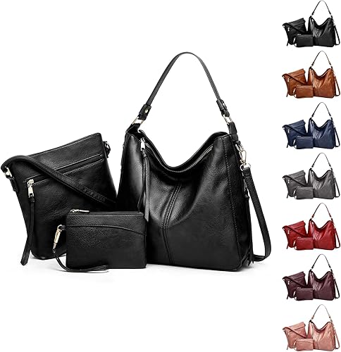 Juego de 3 bolsas de cuero de lujo, bolso cruzado grande y moderno, bolso cruzado suave y cartera Negro