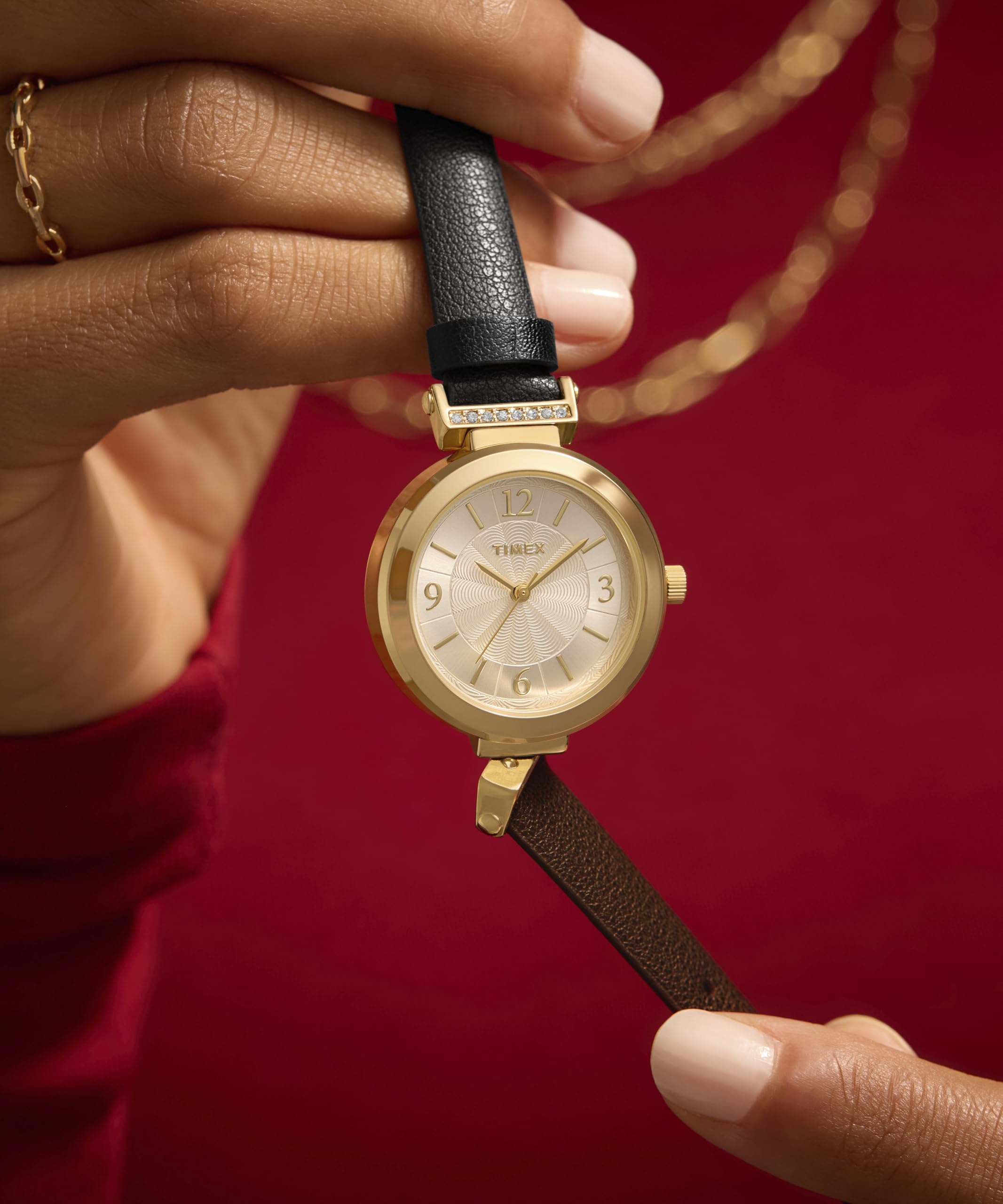 Timex Zegarek Damski Main Street 31 mm, Czarny Skórzany Pasek, Srebrna Tarcza, Złota Obudowa TW2W96400