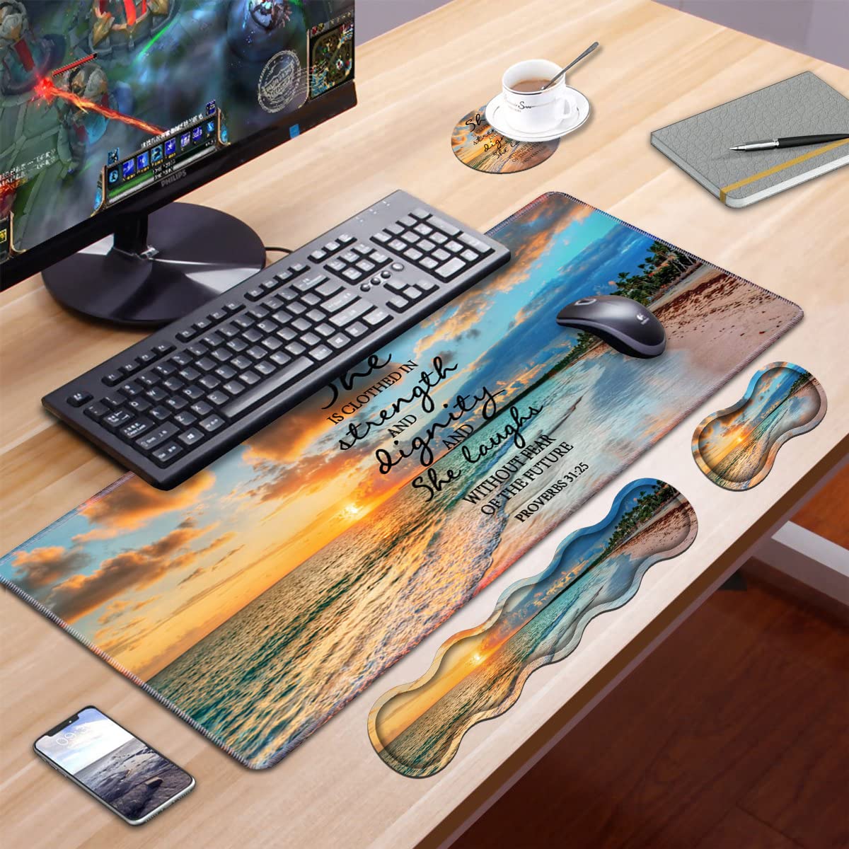 Ergonomische Tastatur-Handgelenkauflage & Mauspad, Handgelenkauflage-Set, große XXL-Gaming-Schreibtischmatte 80x30 cm, rutschfeste Unterseite, Memory-Schaum, Bibelvers, Sprüche BS 31:2 38 EU