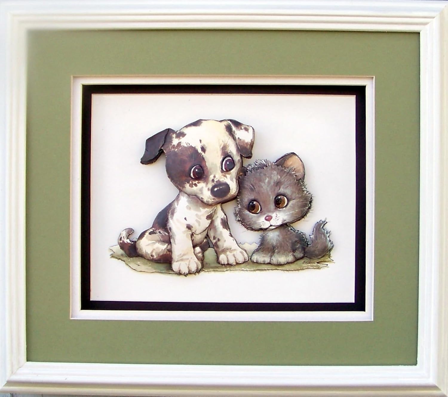 Kttten and Puppy - Big Eyed Pals I - Paper Tole 3D Decoupage Craft Kit Size 8x10 inches K8-748 (The Additional Pictures Show Examples of This Craft Kit Assembled and Framed in a Shadow Box Frame)
